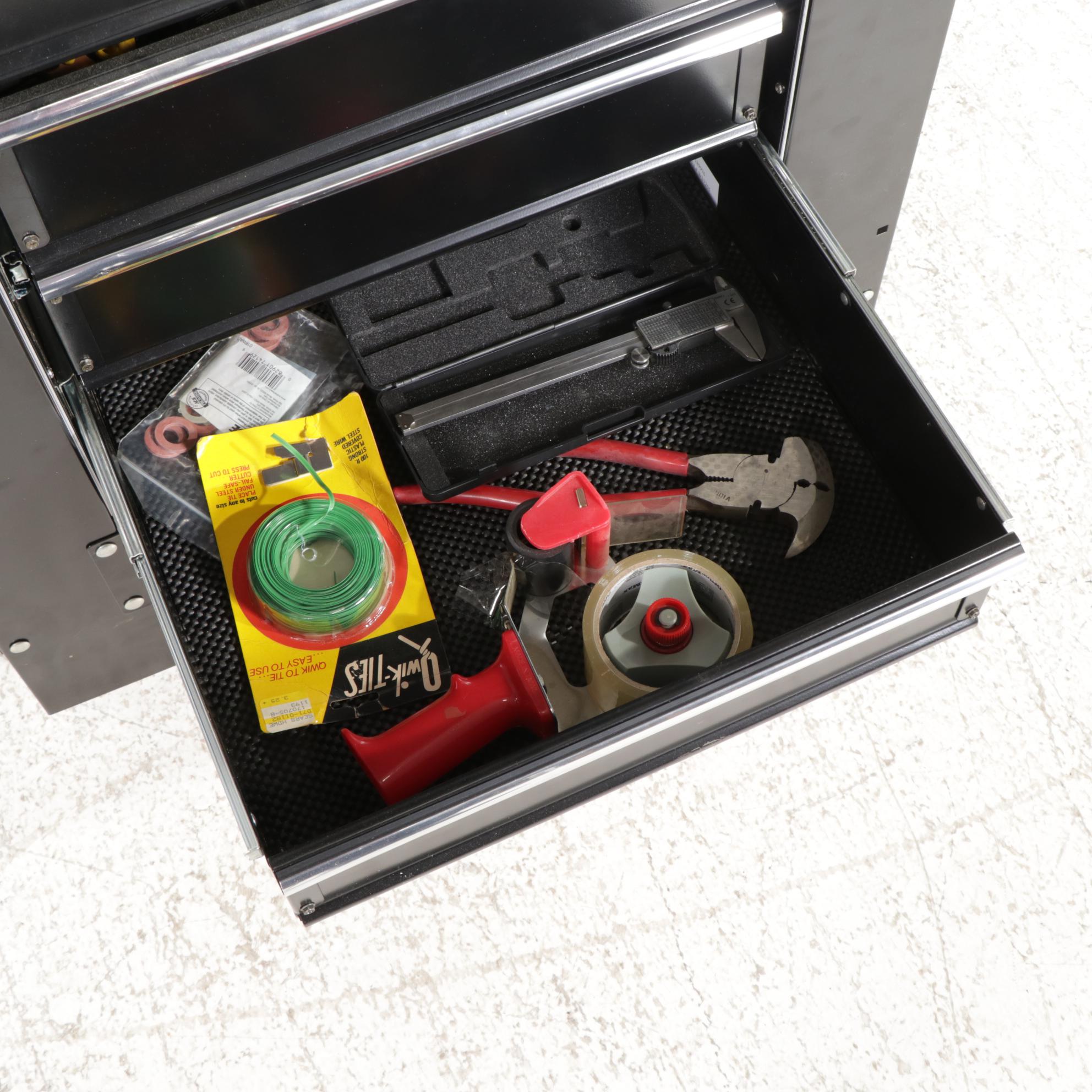 ContemporaryRolling Metal Tool Chest and Storage Shelf with Tools and Fastners