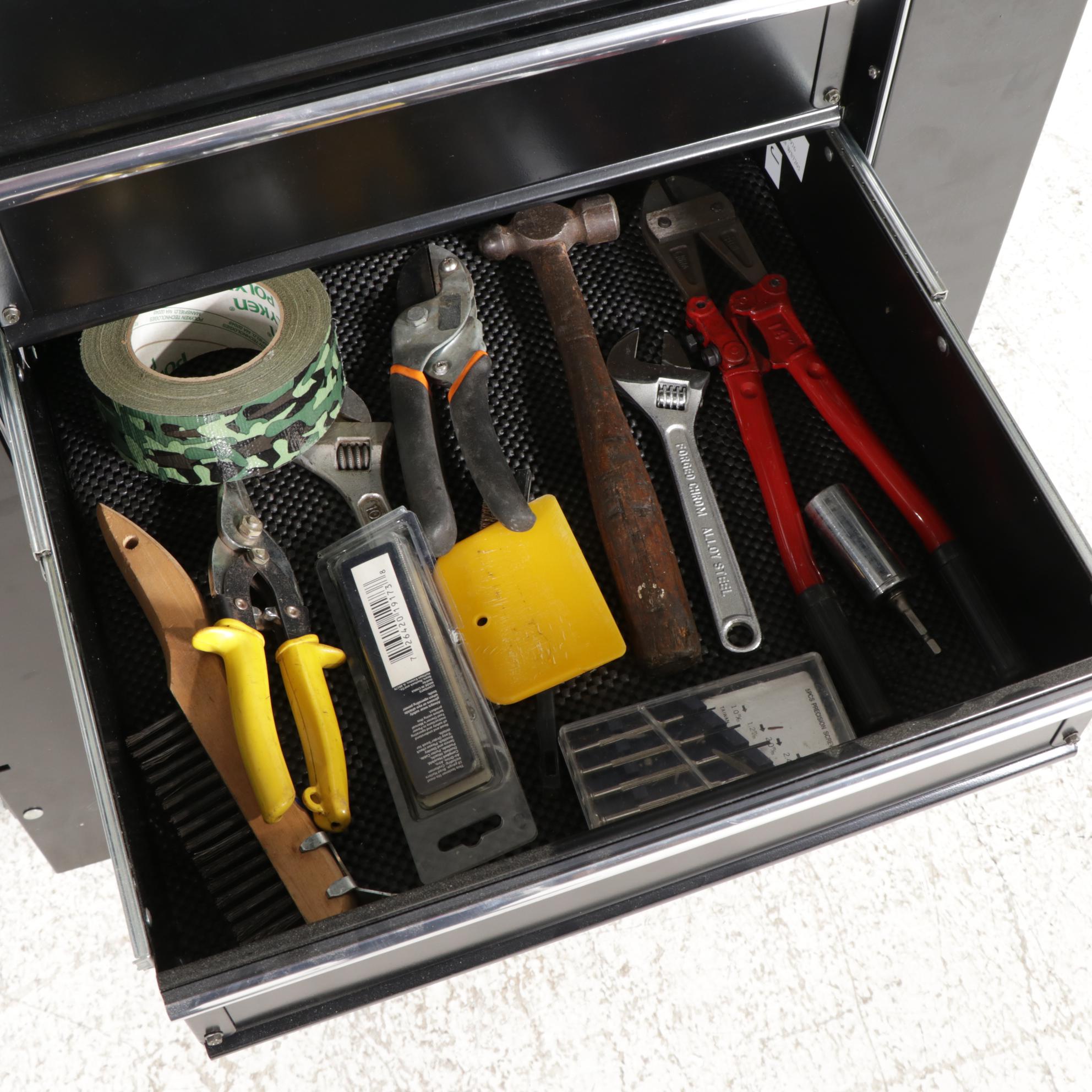 ContemporaryRolling Metal Tool Chest and Storage Shelf with Tools and Fastners