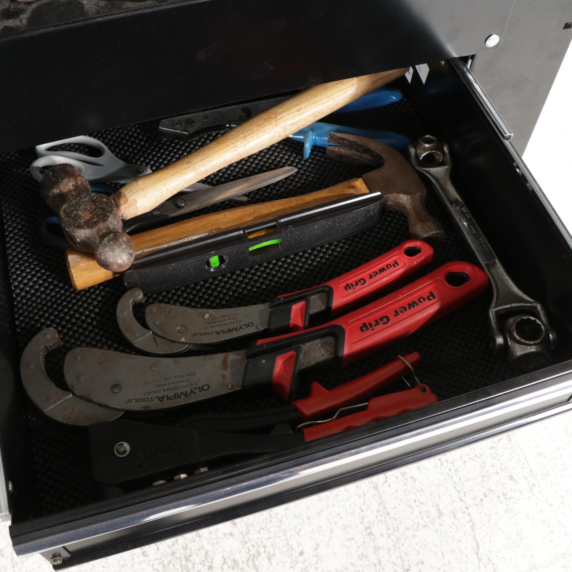 ContemporaryRolling Metal Tool Chest and Storage Shelf with Tools and Fastners