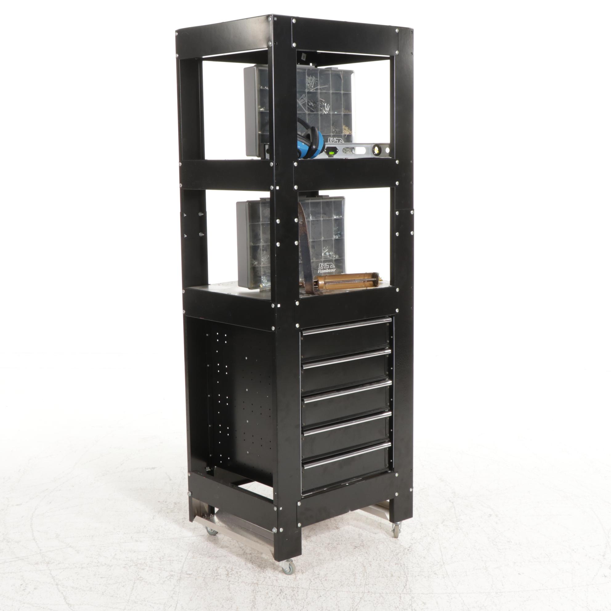 ContemporaryRolling Metal Tool Chest and Storage Shelf with Tools and Fastners