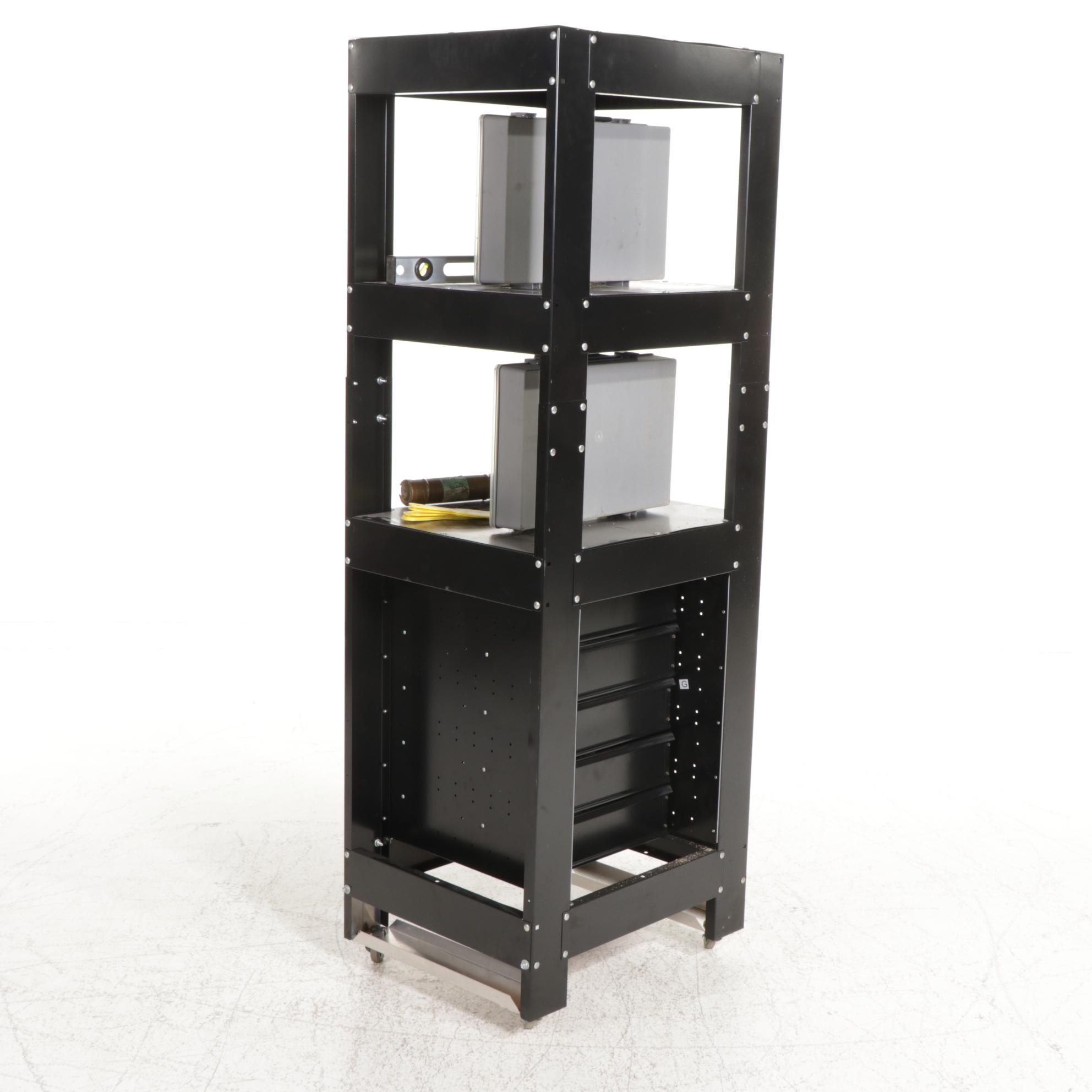 ContemporaryRolling Metal Tool Chest and Storage Shelf with Tools and Fastners