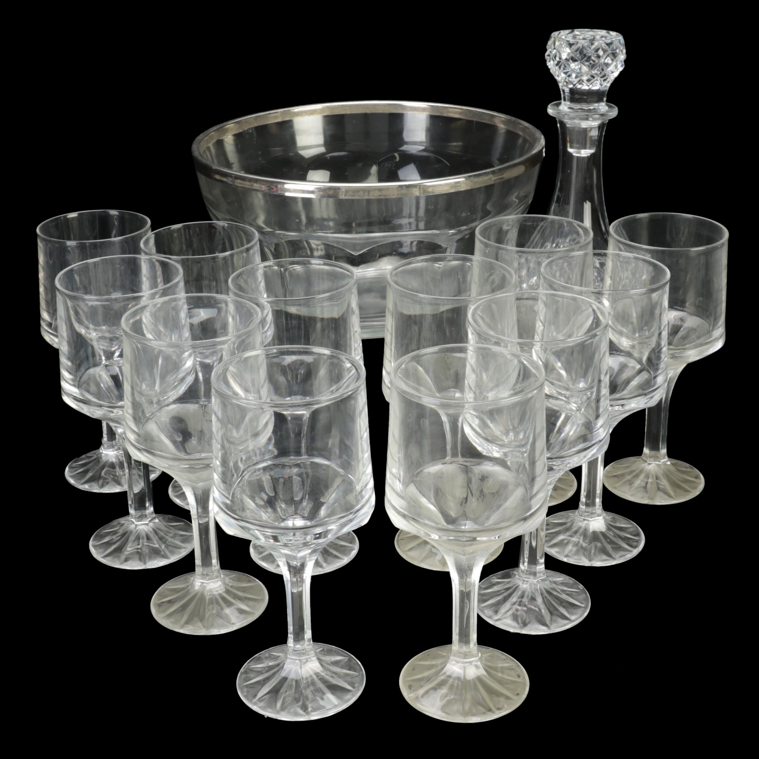 Pressed Glass Wine Glasses, Silver Rim Bowl and Decanter