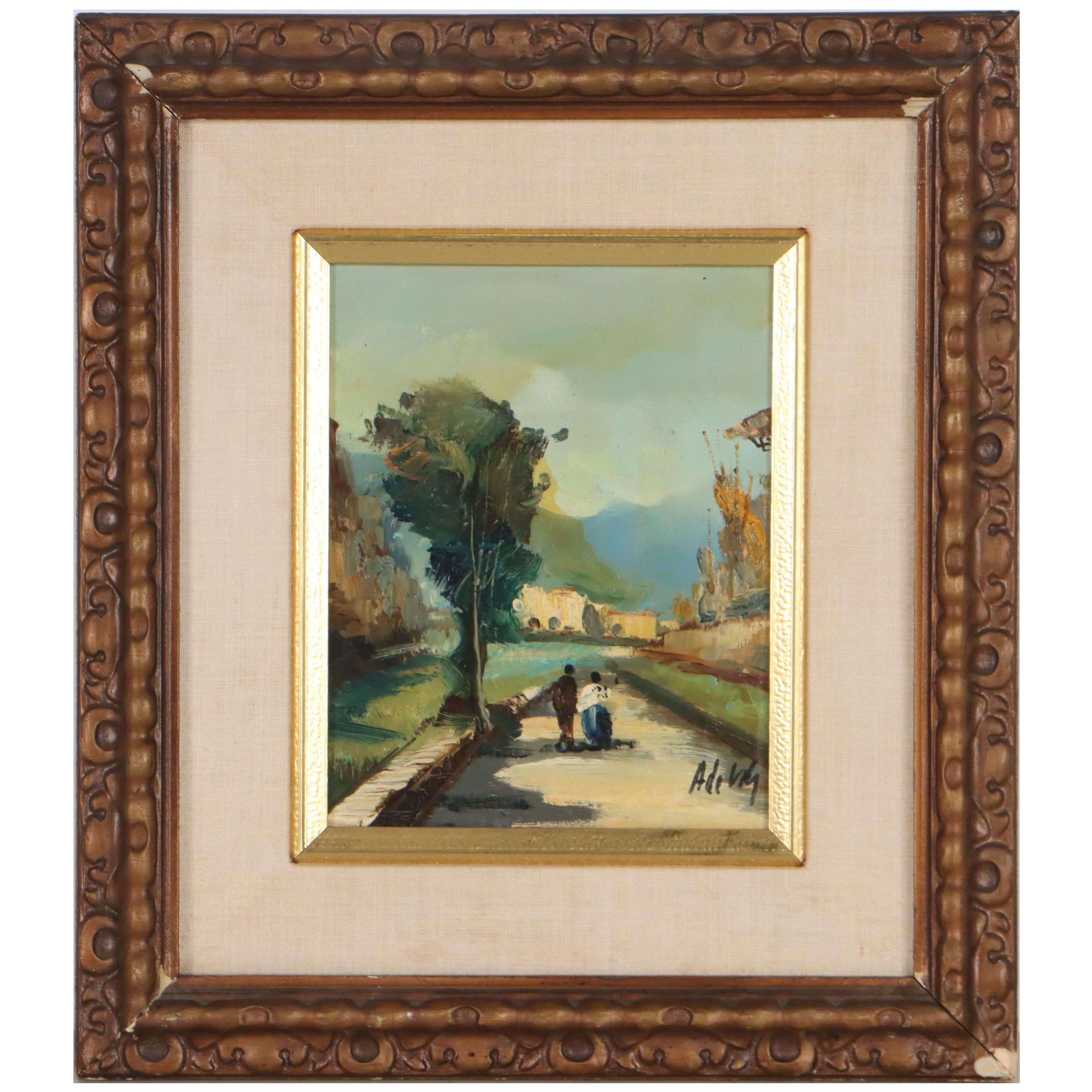 Oil Painting of Two Figures Walking Along Road