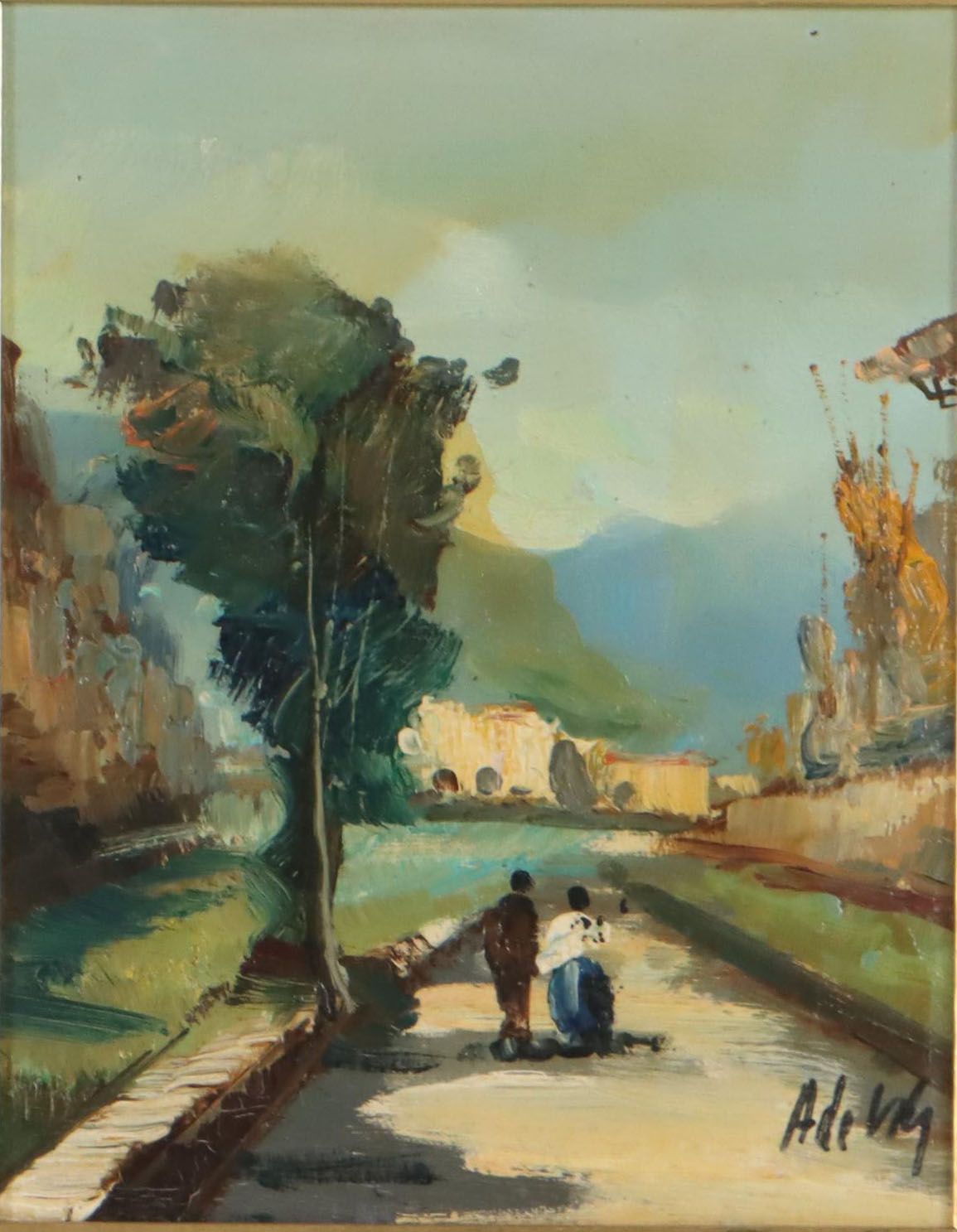 Oil Painting of Two Figures Walking Along Road