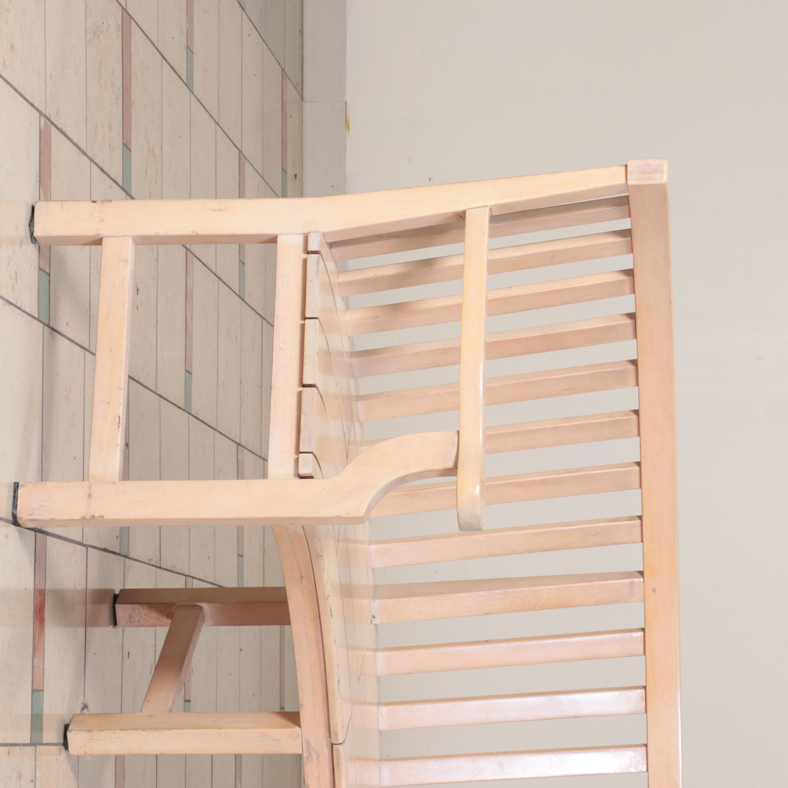 Pair of Large Wooden Slat Back Curved Benches with Armrests