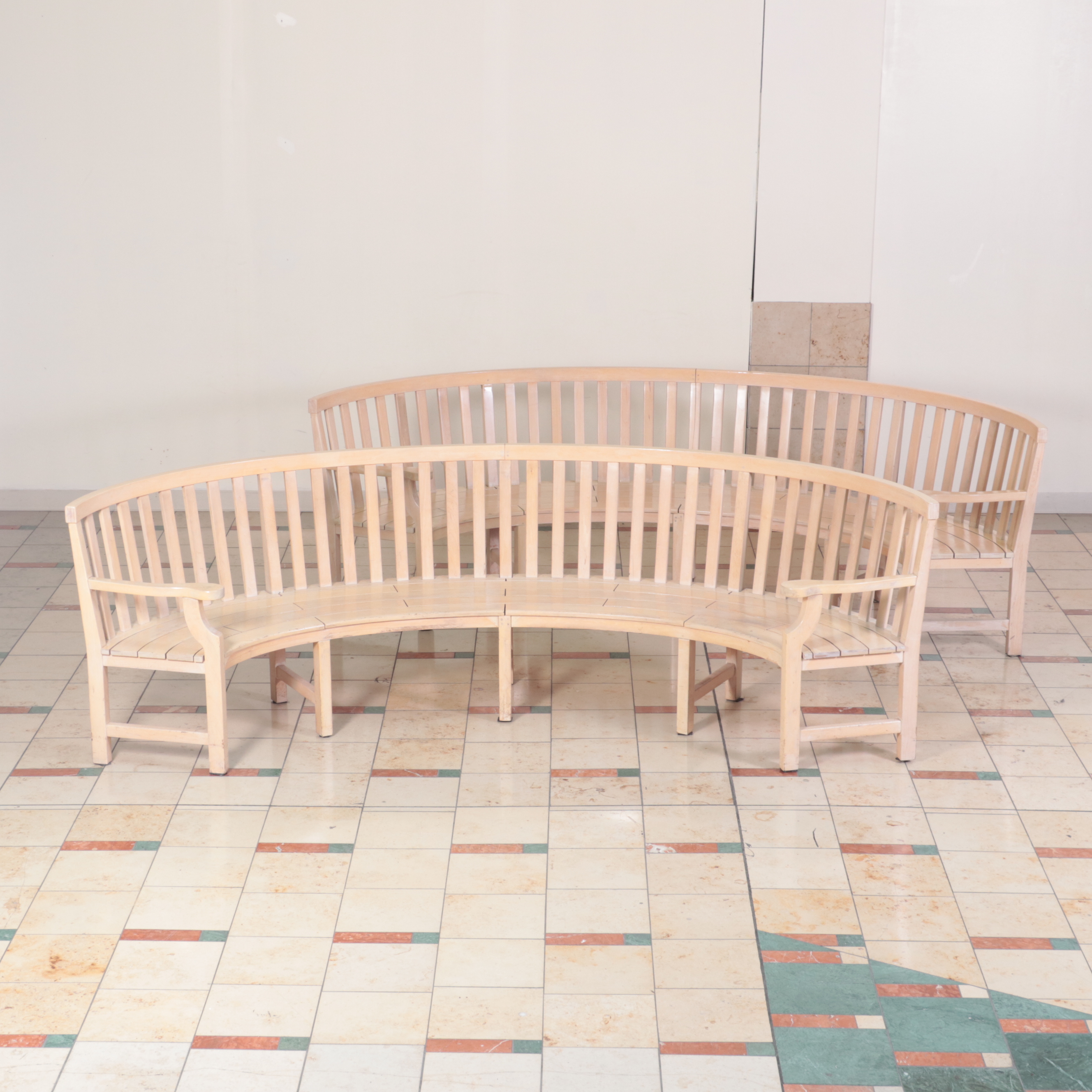Pair of Large Wooden Slat Back Curved Benches with Armrests