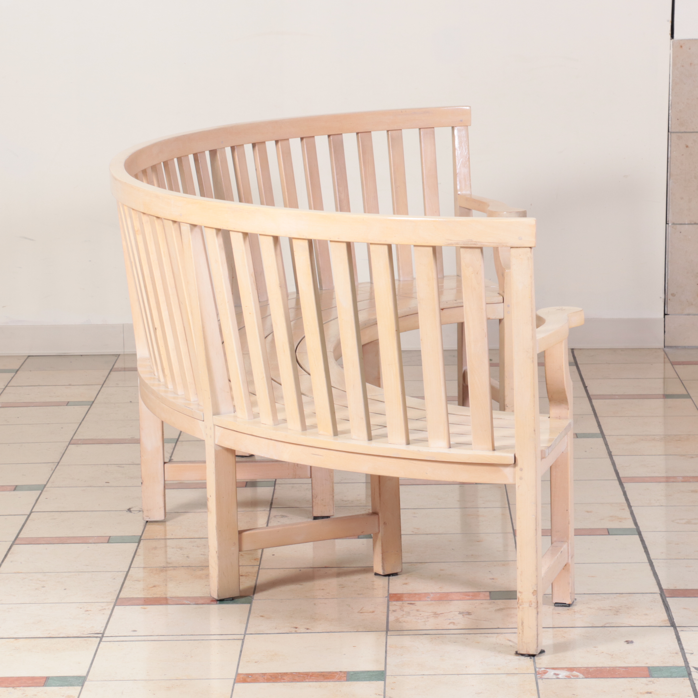 Pair of Large Wooden Slat Back Curved Benches with Armrests