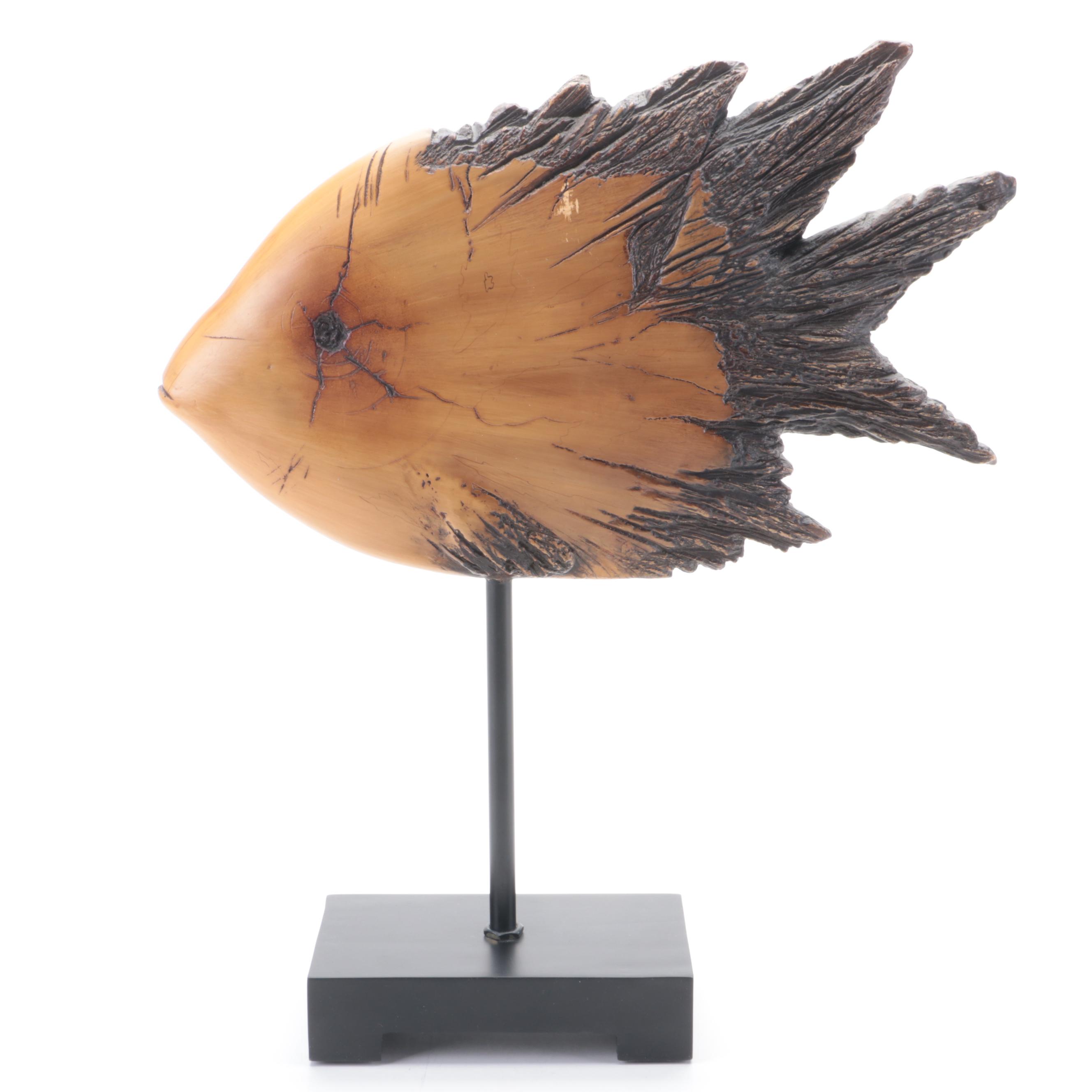 Carved Wood Fish Sculpture on Base