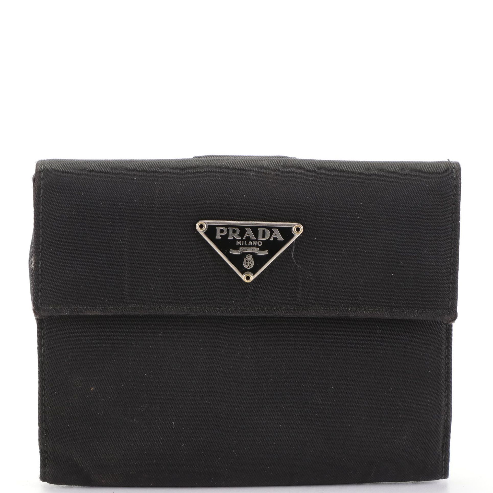Prada Compact Trifold Wallet in Black Nylon Gabardine and Saffiano Leather