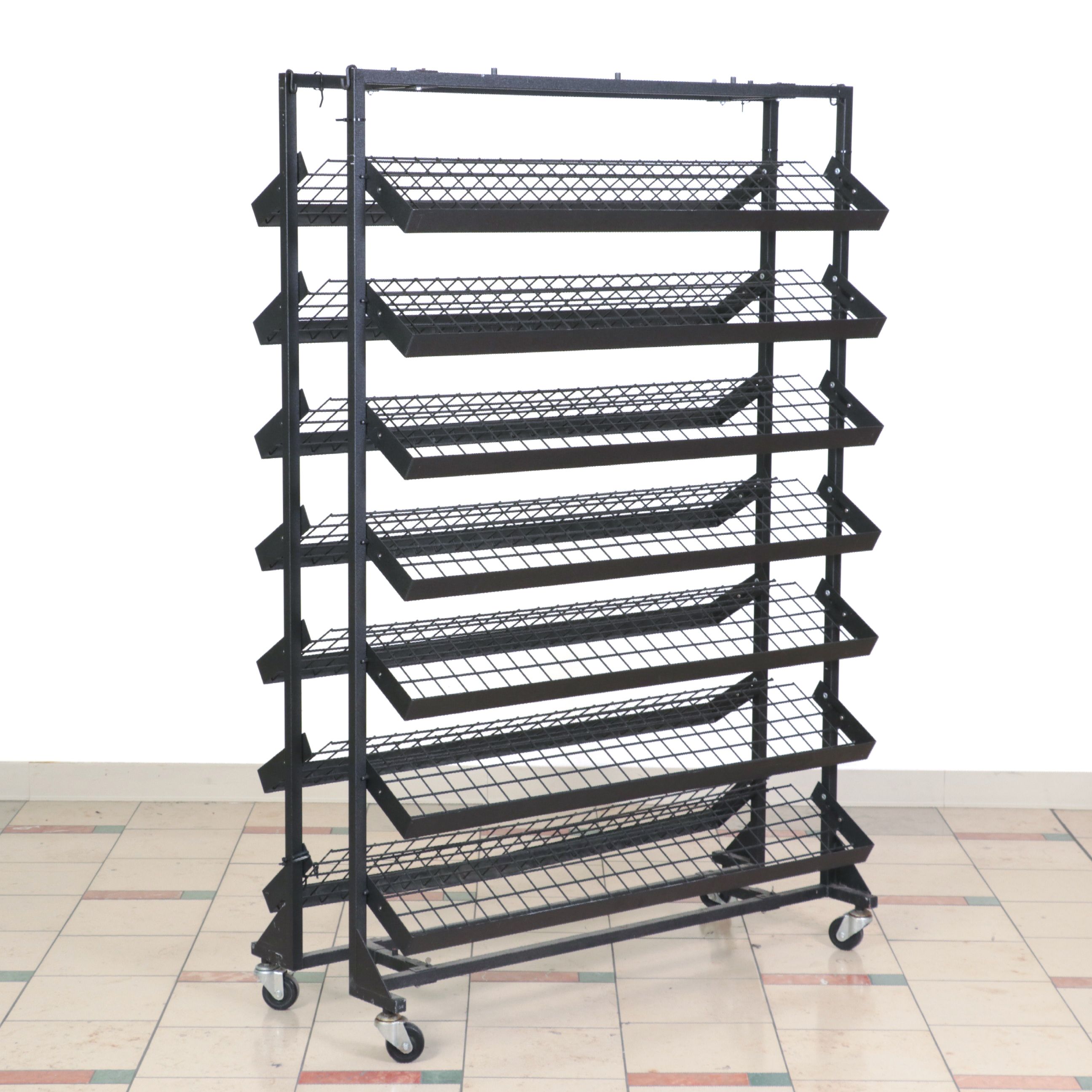 Industrial Metal Rolling Storage Display Rack with Angled Folding Shelves