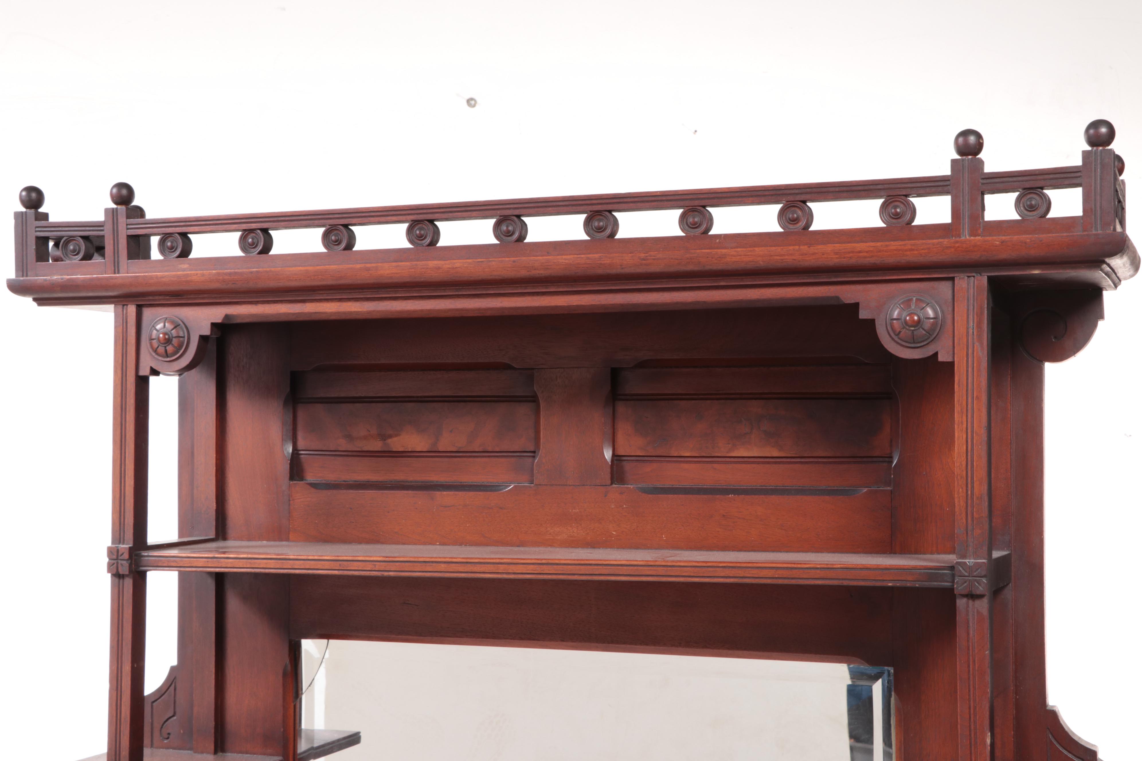Victorian Eastlake Walnut and Burl Walnut Buffet with Mirror and Marble Top