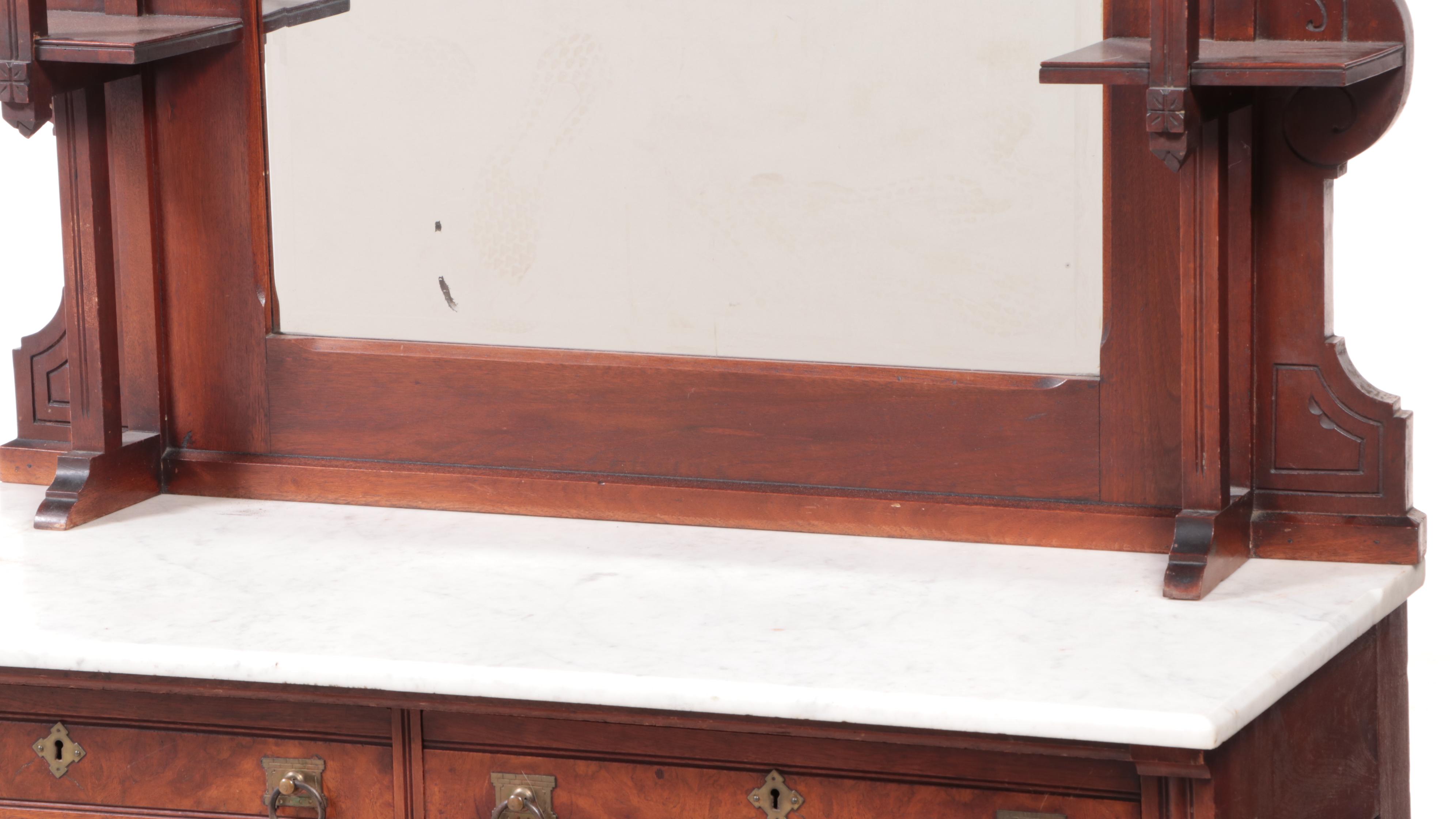 Victorian Eastlake Walnut and Burl Walnut Buffet with Mirror and Marble Top