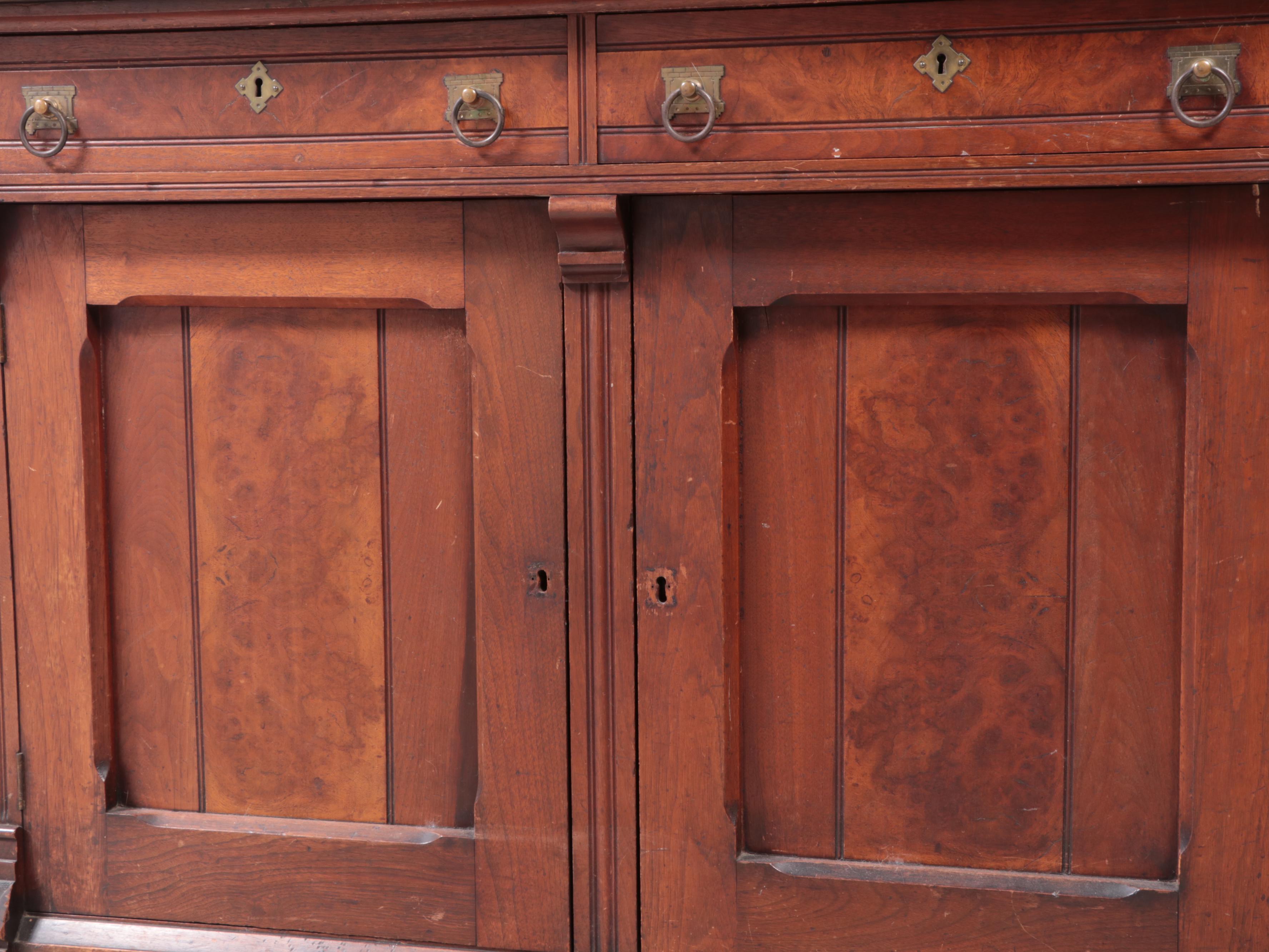 Victorian Eastlake Walnut and Burl Walnut Buffet with Mirror and Marble Top