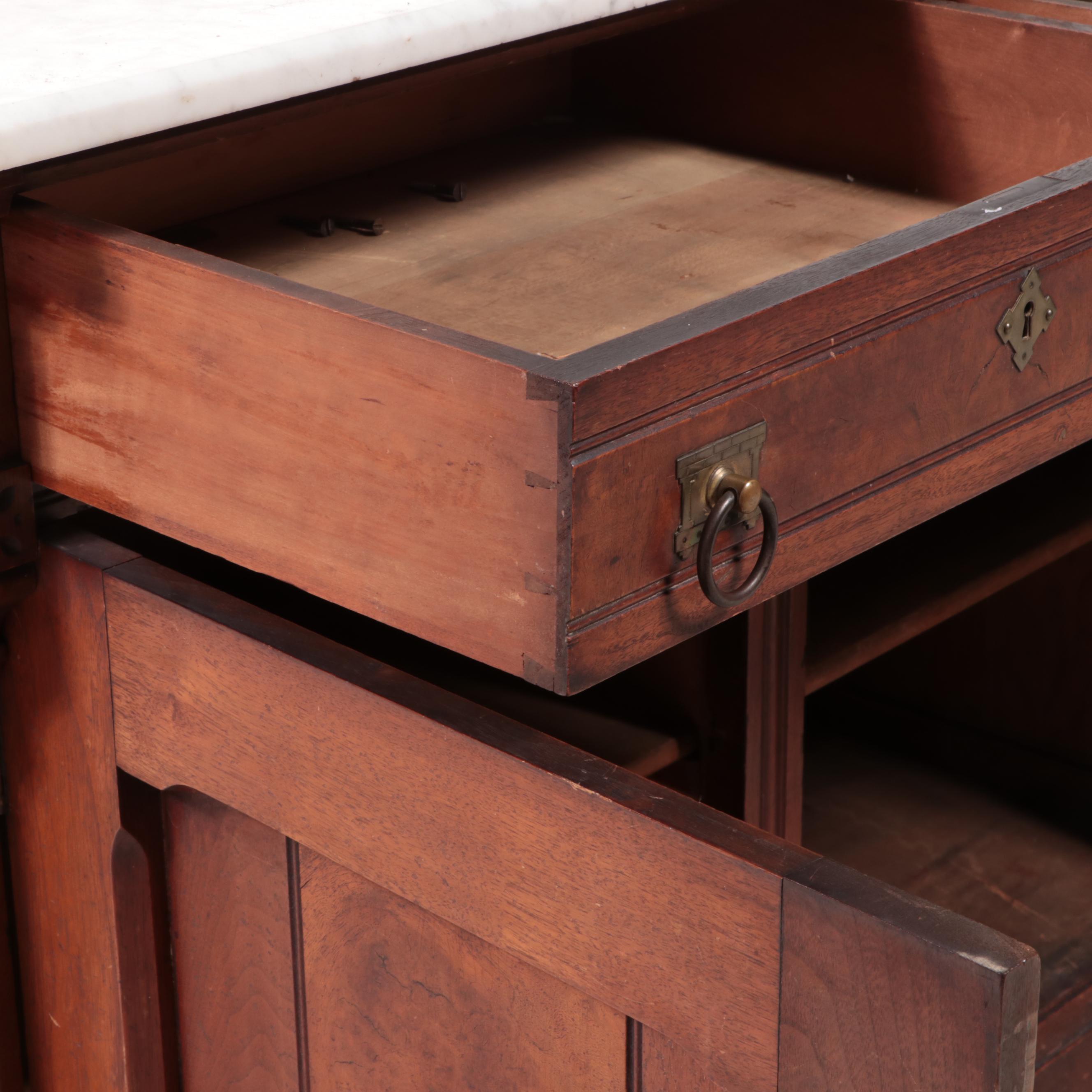 Victorian Eastlake Walnut and Burl Walnut Buffet with Mirror and Marble Top