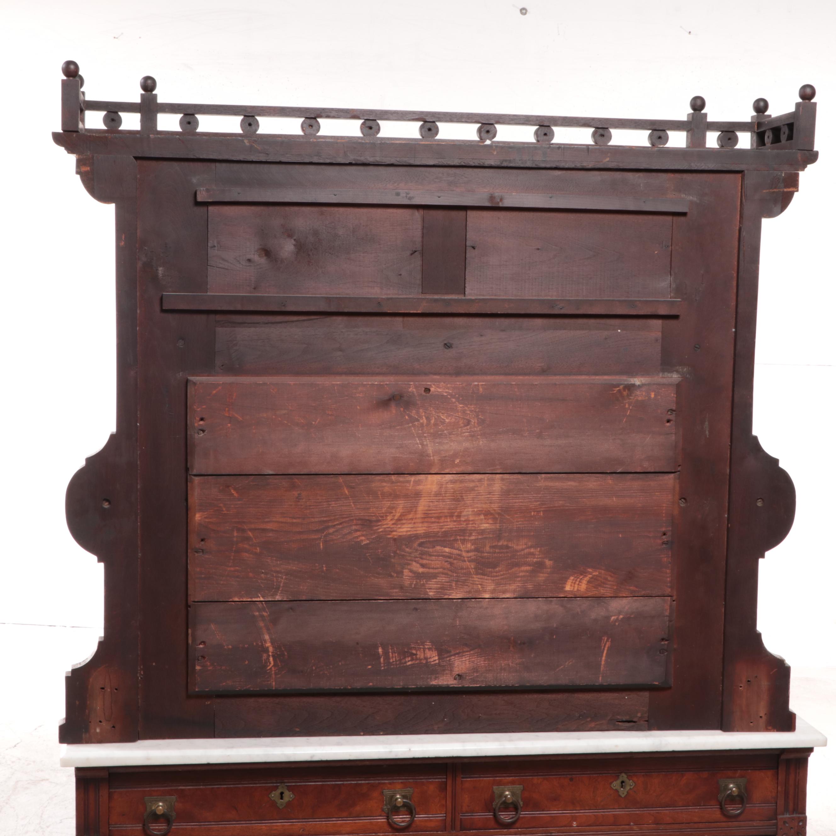 Victorian Eastlake Walnut and Burl Walnut Buffet with Mirror and Marble Top