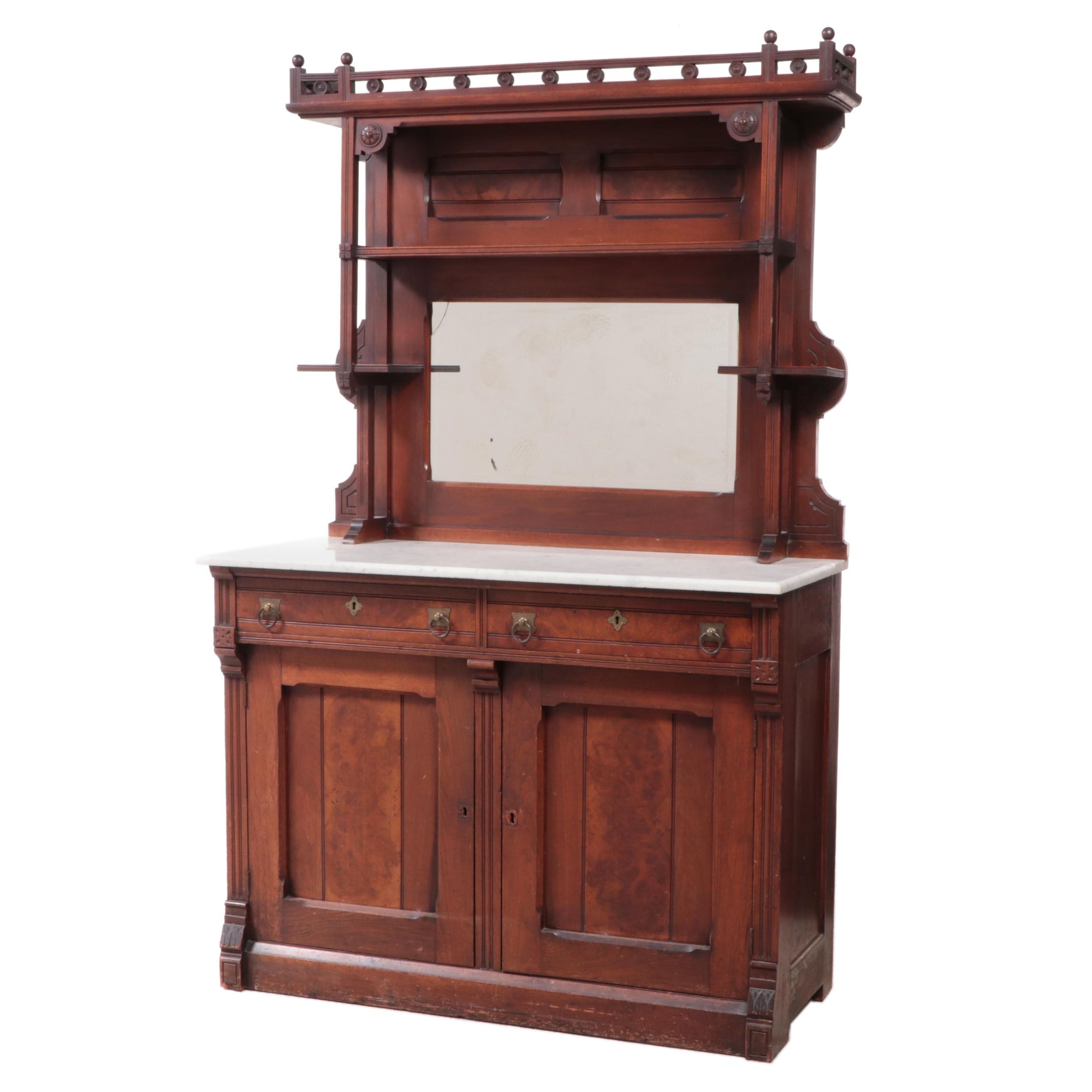 Victorian Eastlake Walnut and Burl Walnut Buffet with Mirror and Marble Top