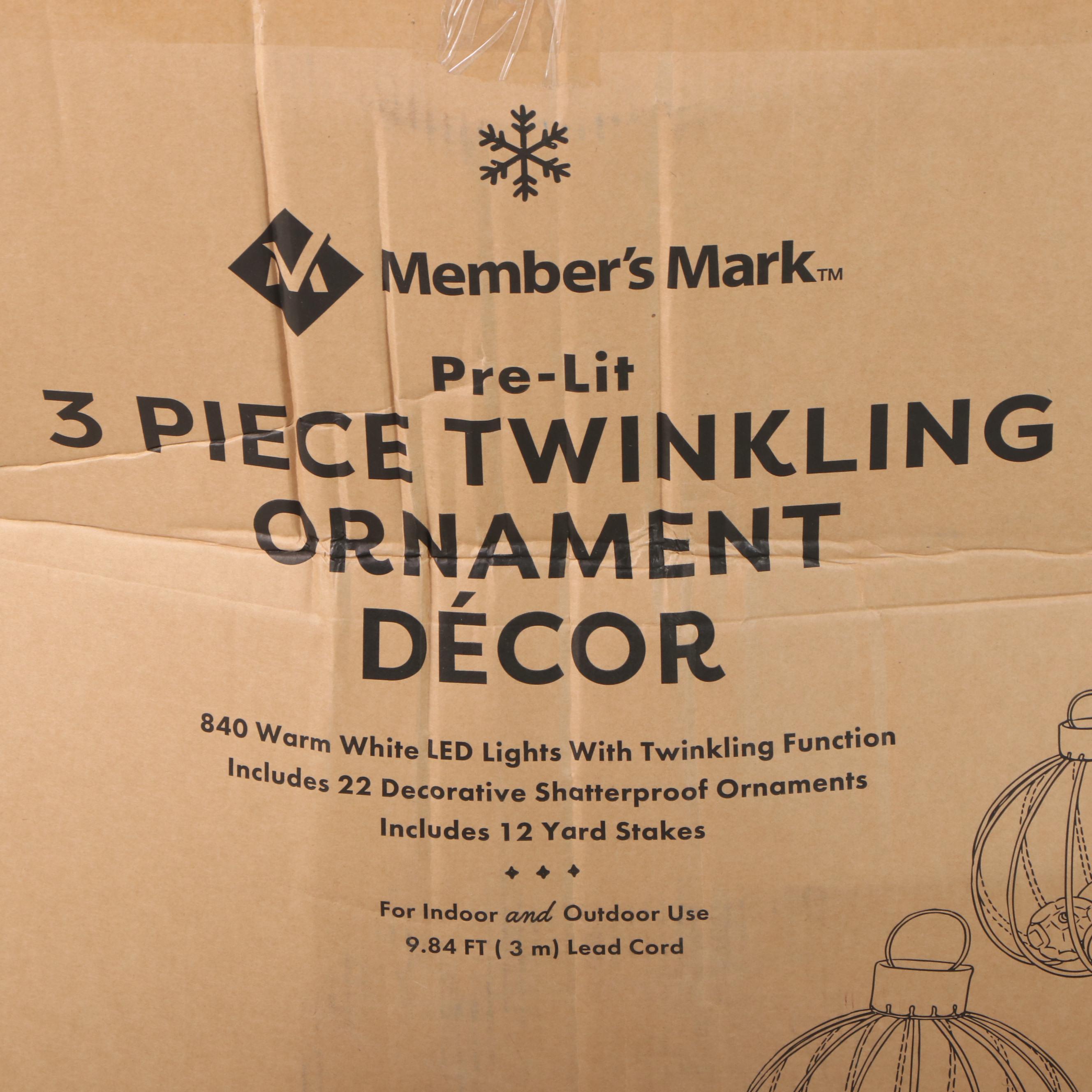Member's Mark Pre-Lit Three-Piece Twinkling Ornament Décor