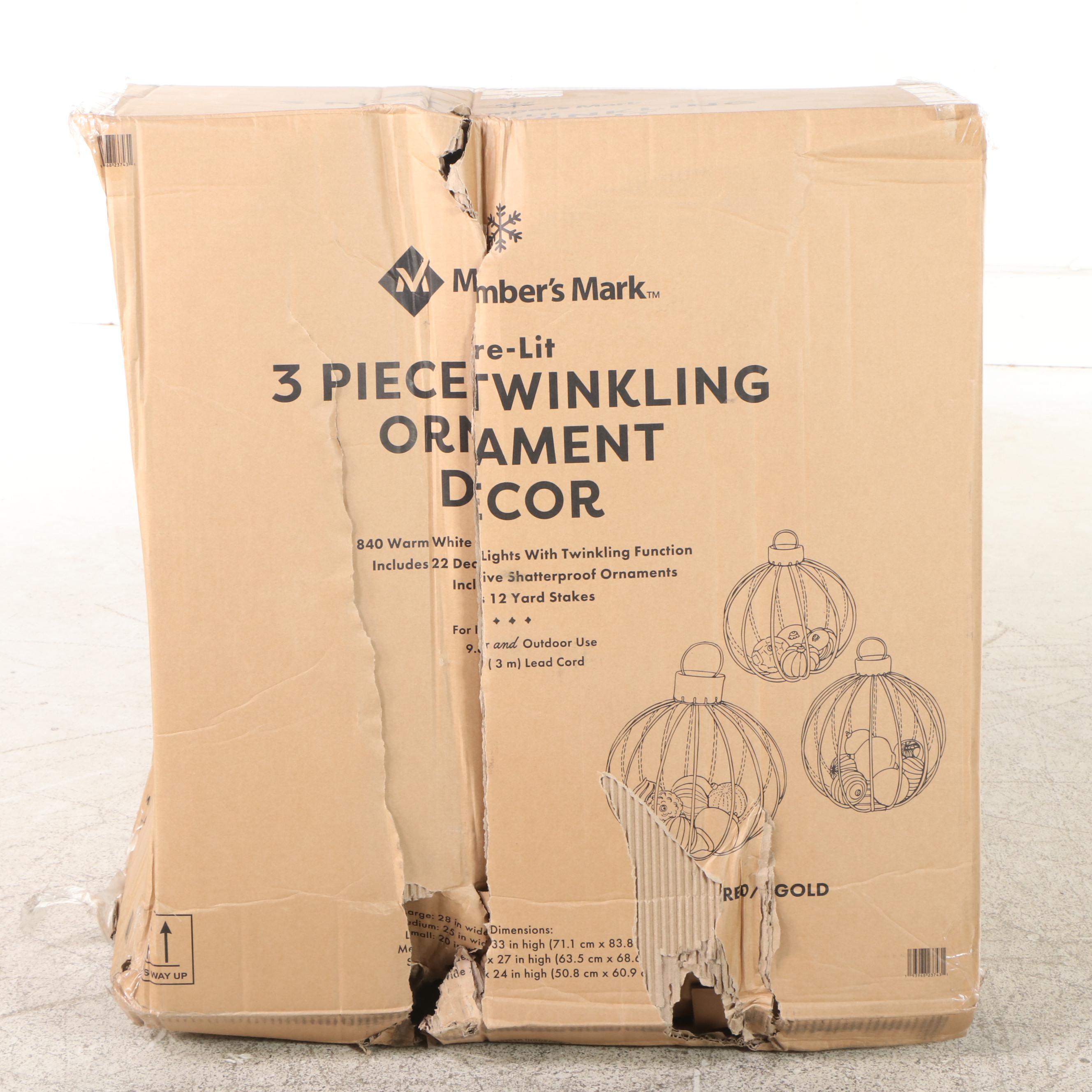 Member's Mark Pre-Lit Three-Piece Twinkling Ornament Décor
