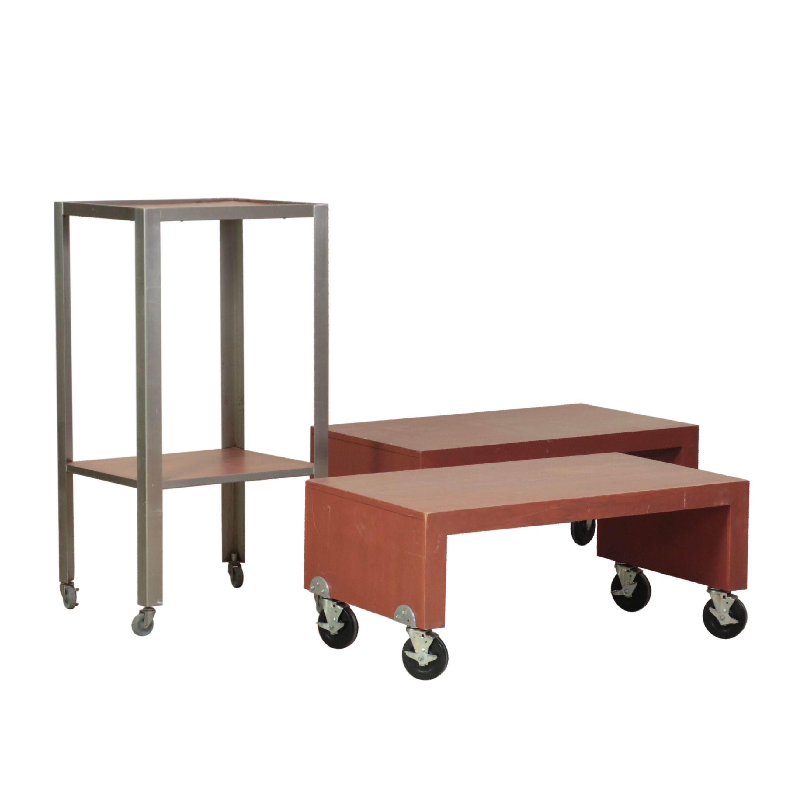 Laminated and Painted Wood Display Tables and Shelves on Wheels