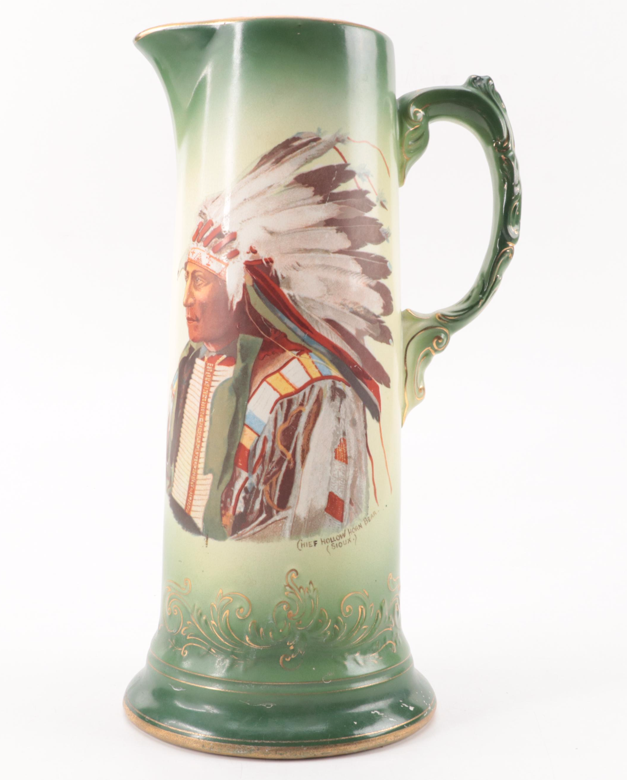 Buffalo Pottery Portrait Pitcher of Chief Hollow Horn Bear