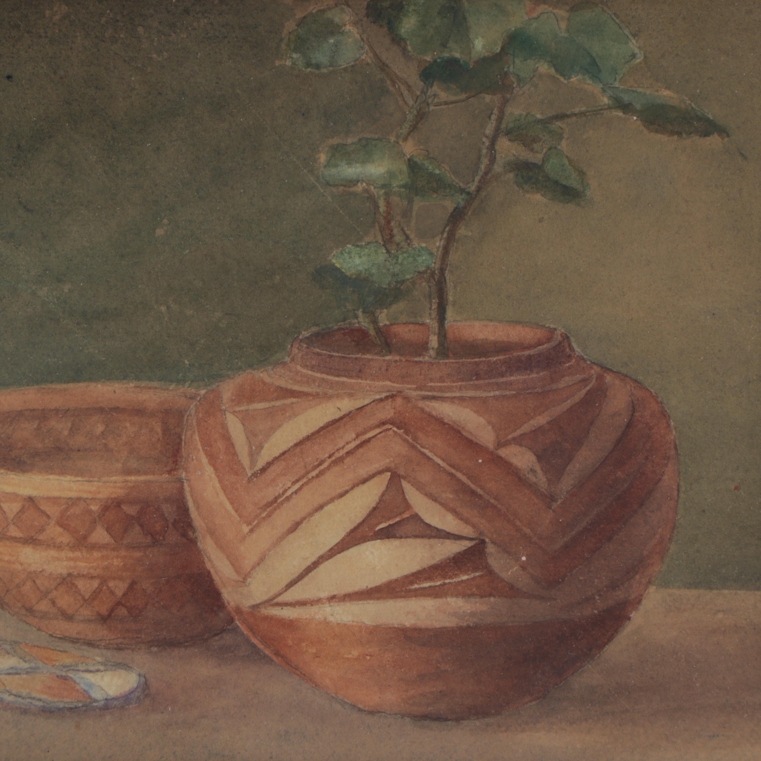 Still Life Watercolor Painting of Southwestern Pottery