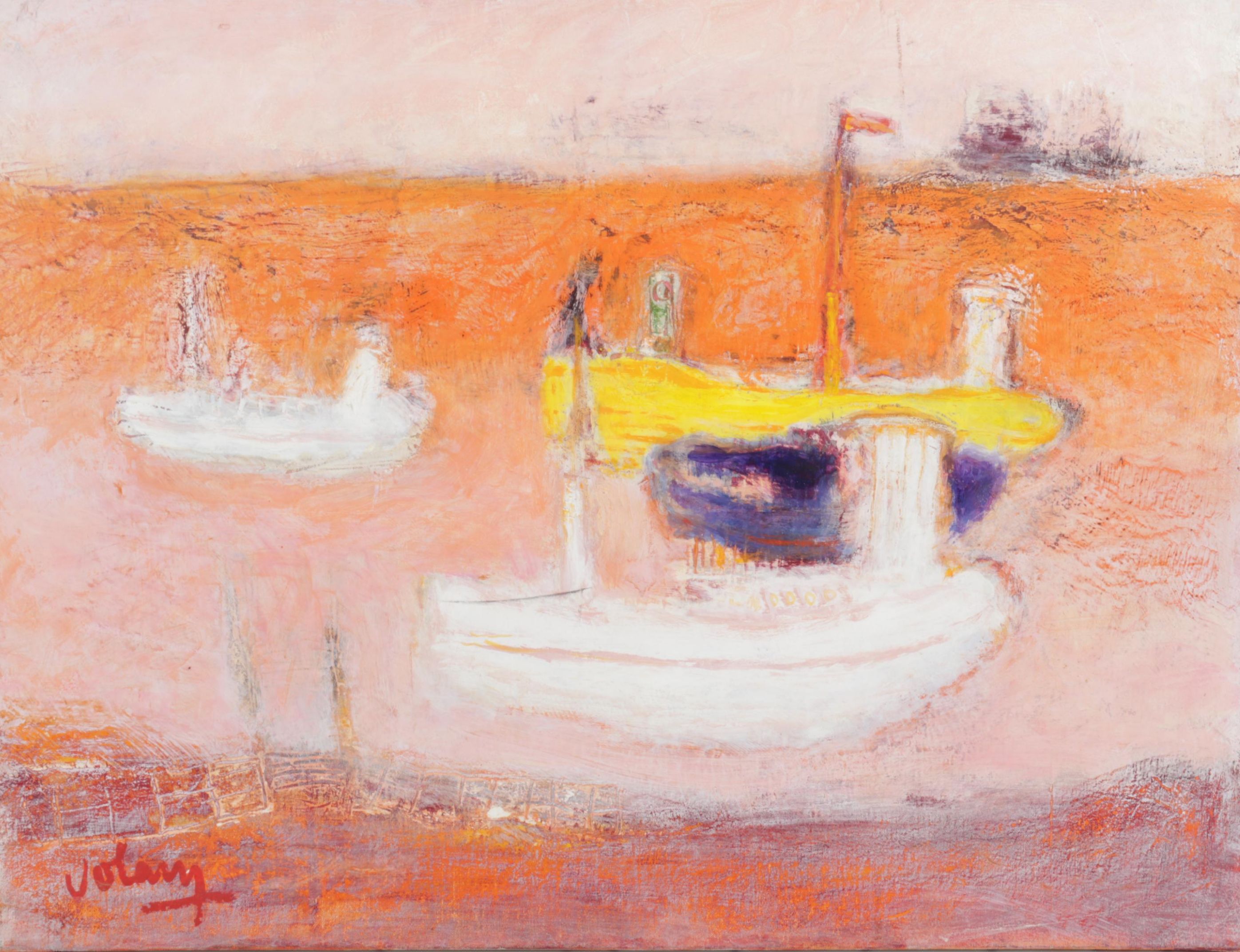 Jean Volang Maritime Mixed Media Painting "Boats 4"
