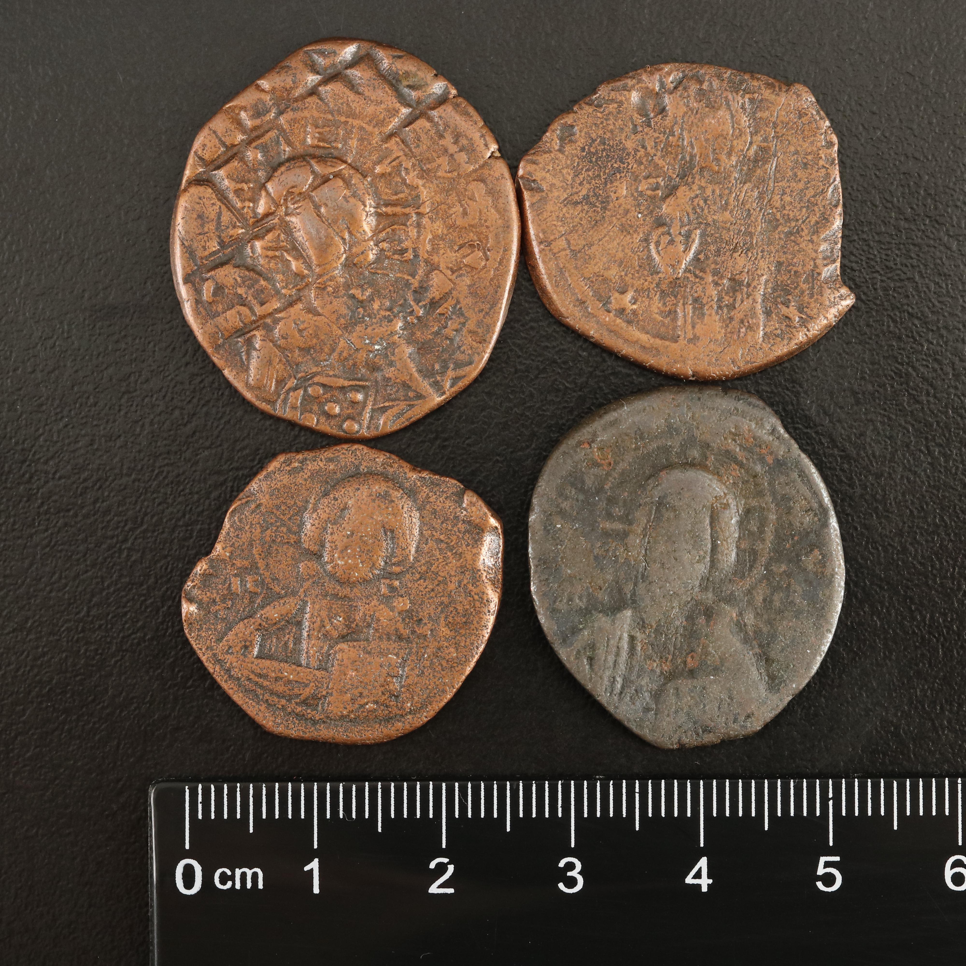 Four Byzantine Bronze Follis Coins Depicting Christ