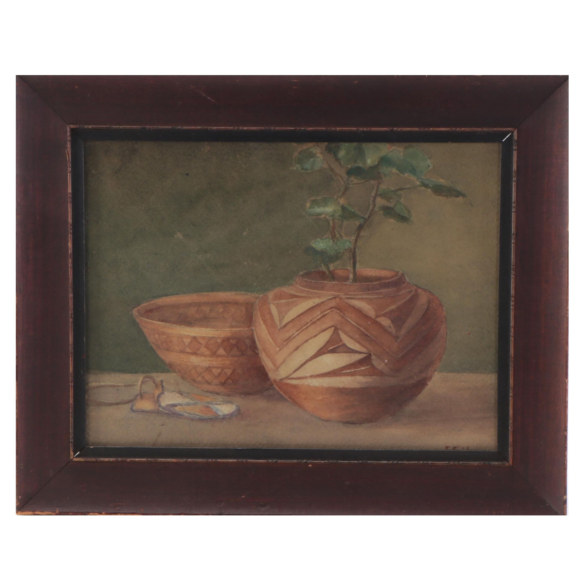 Still Life Watercolor Painting of Southwestern Pottery