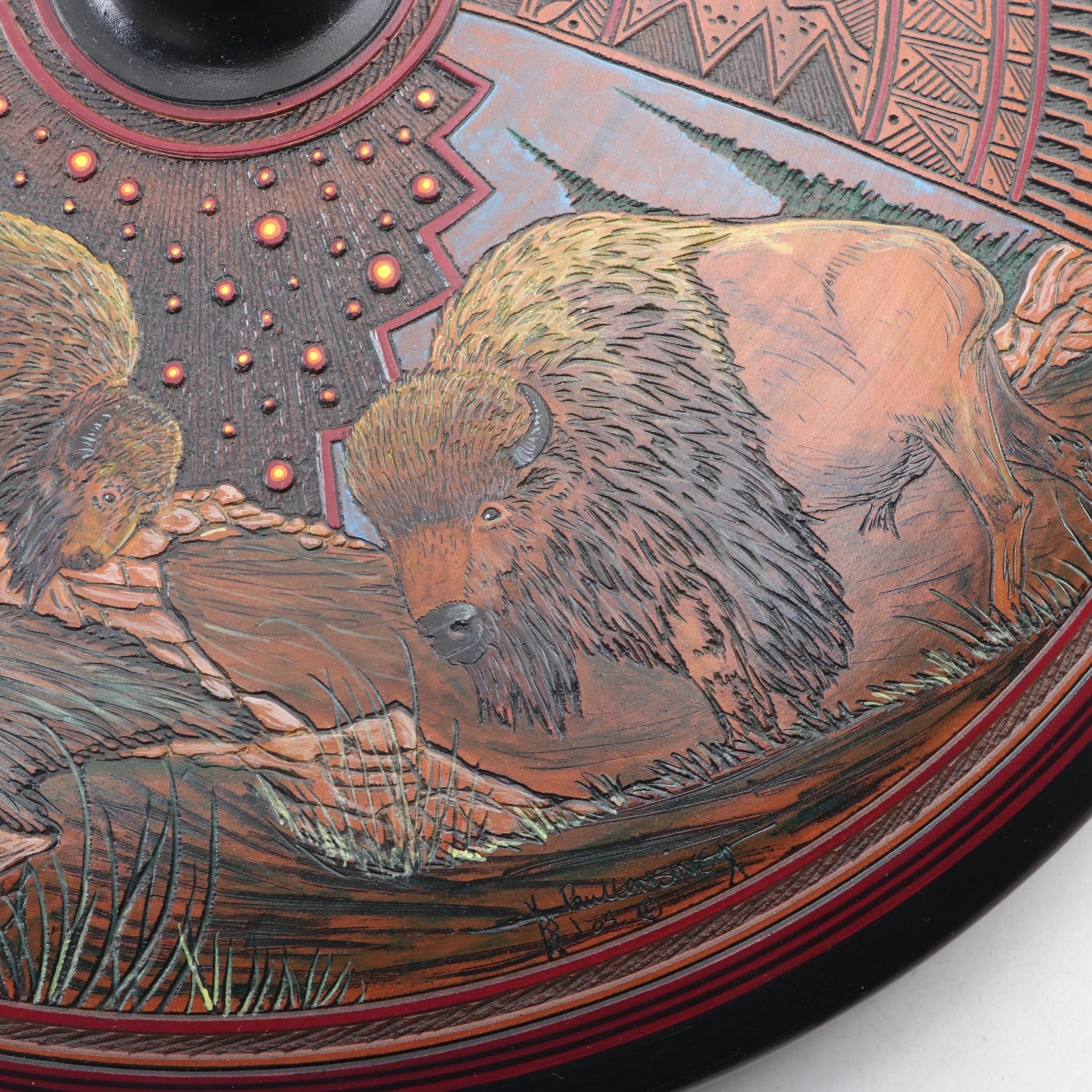 Pueblo Style Sgraffito Earthenware Vessel with Bison Scene