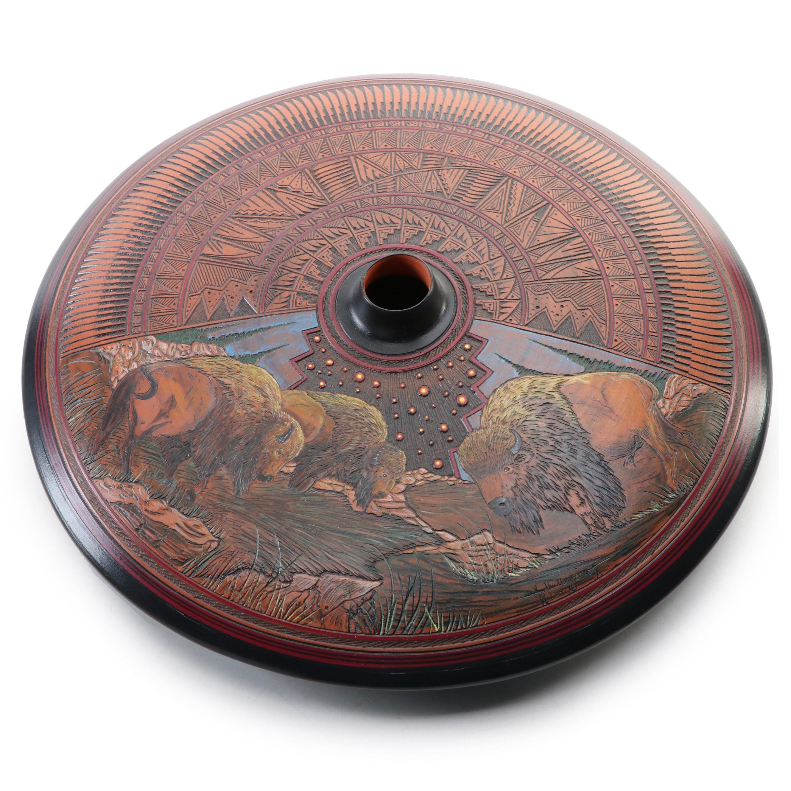 Pueblo Style Sgraffito Earthenware Vessel with Bison Scene