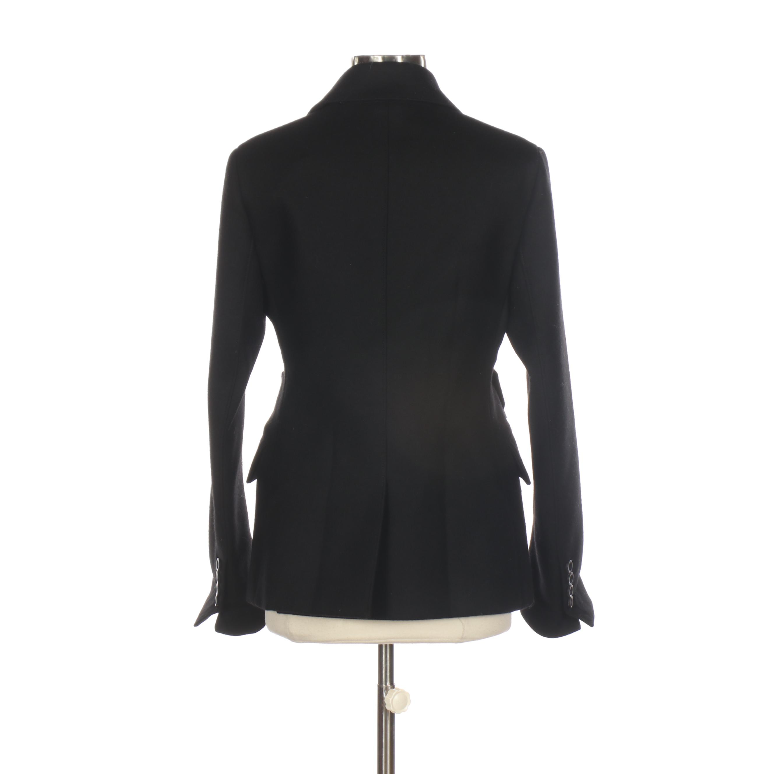 Prada Double-Breasted Peacoat in Black Wool with Nylon Faille Bow Details