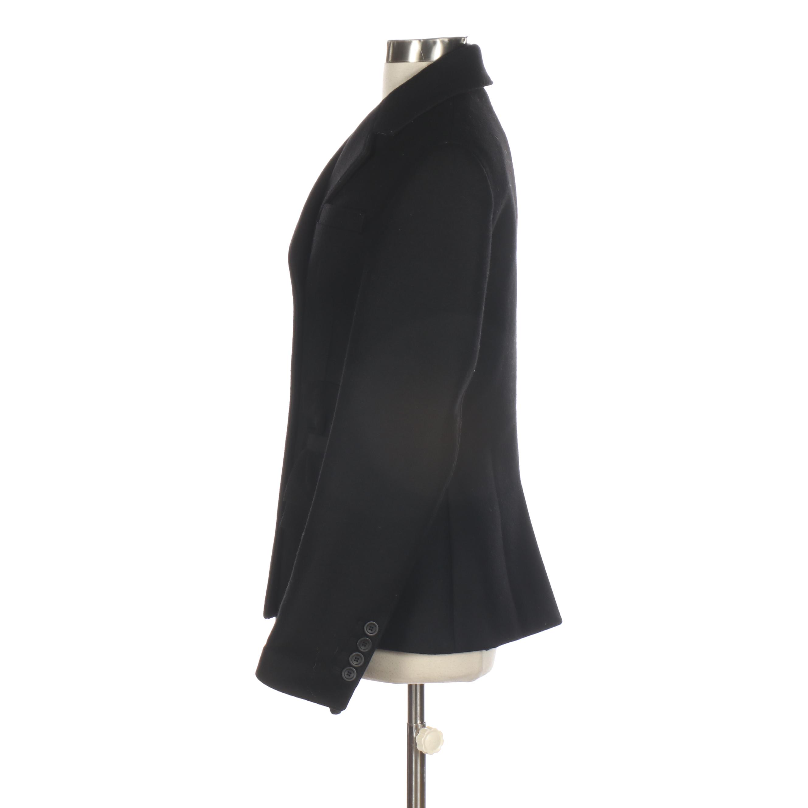 Prada Double-Breasted Peacoat in Black Wool with Nylon Faille Bow Details