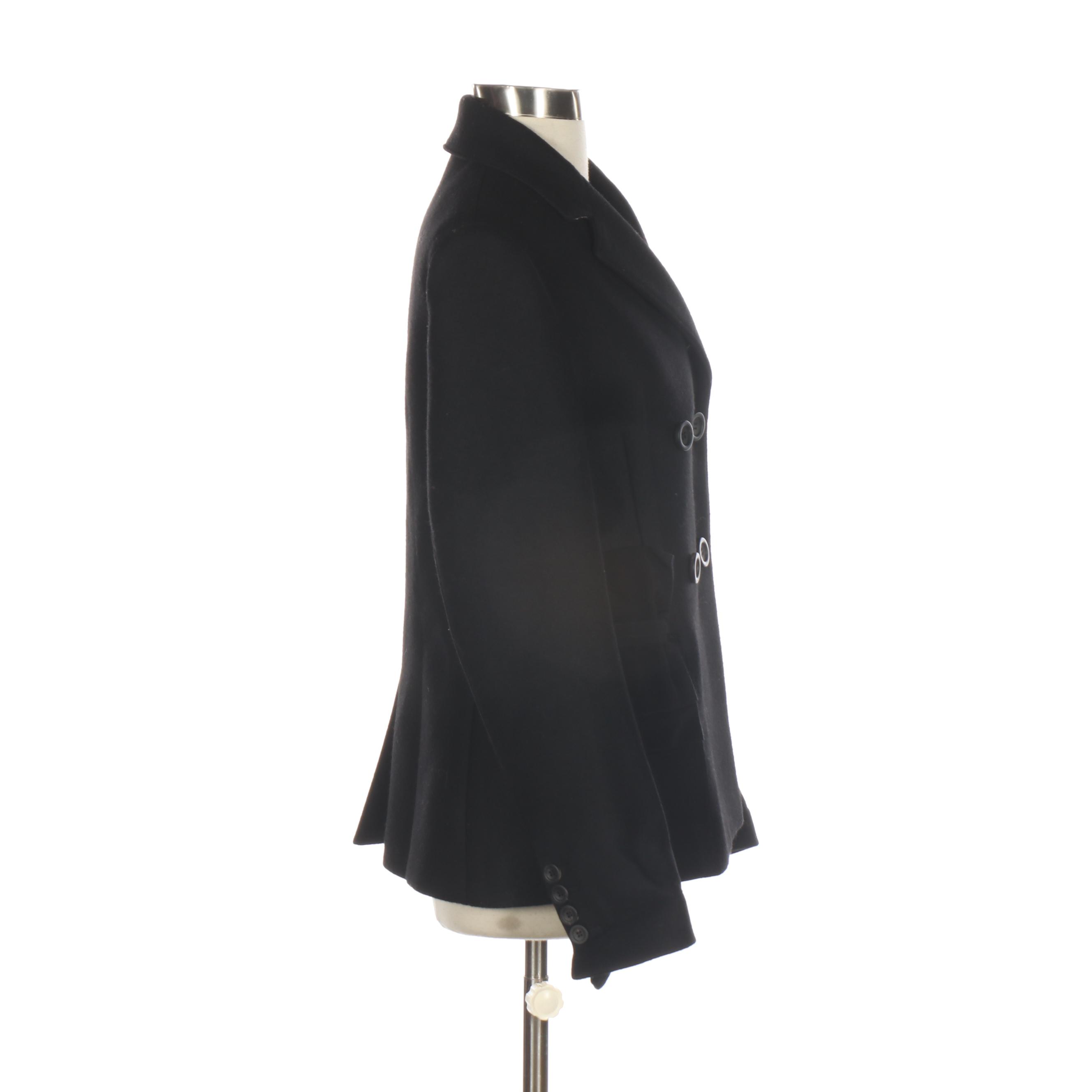 Prada Double-Breasted Peacoat in Black Wool with Nylon Faille Bow Details