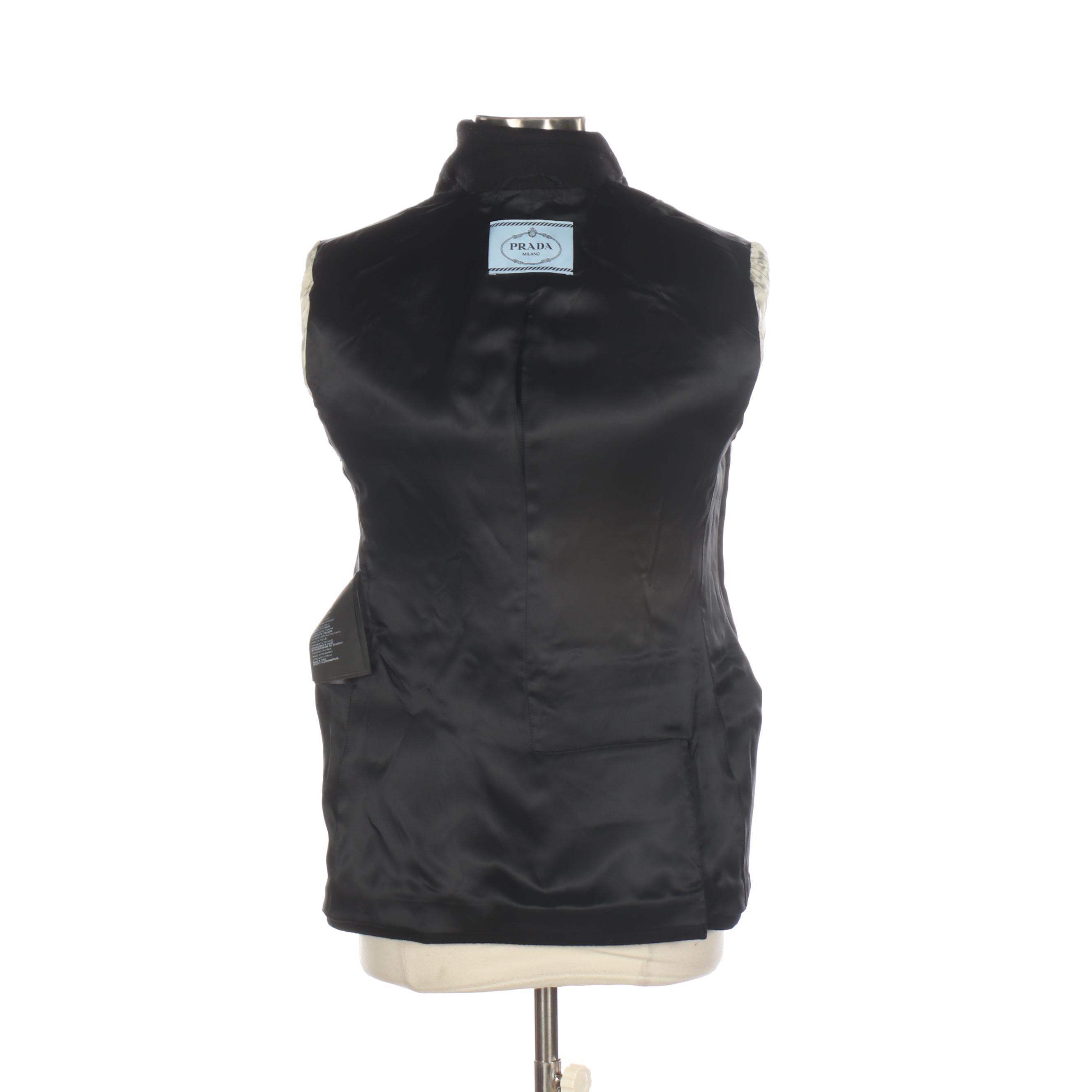 Prada Double-Breasted Peacoat in Black Wool with Nylon Faille Bow Details