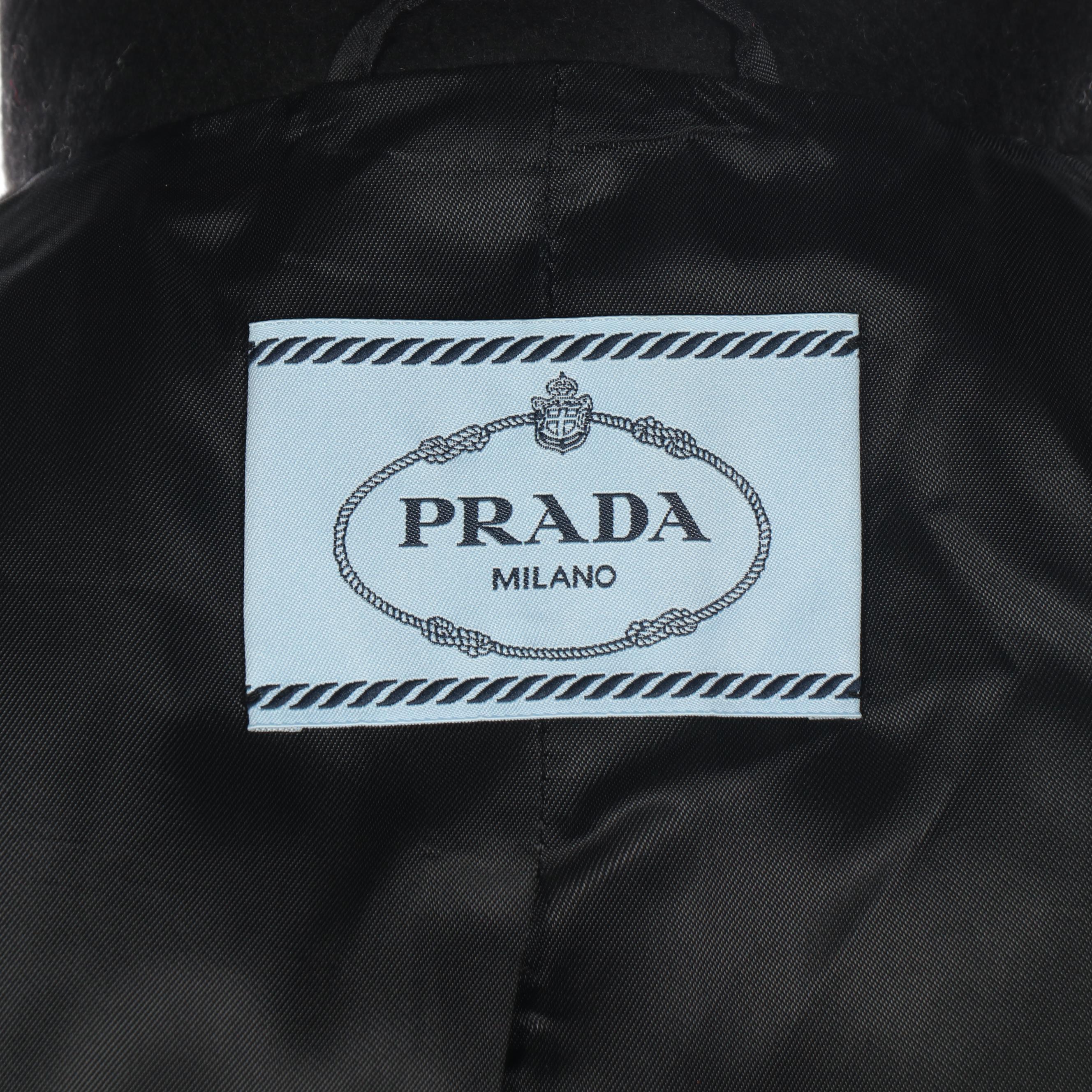 Prada Double-Breasted Peacoat in Black Wool with Nylon Faille Bow Details