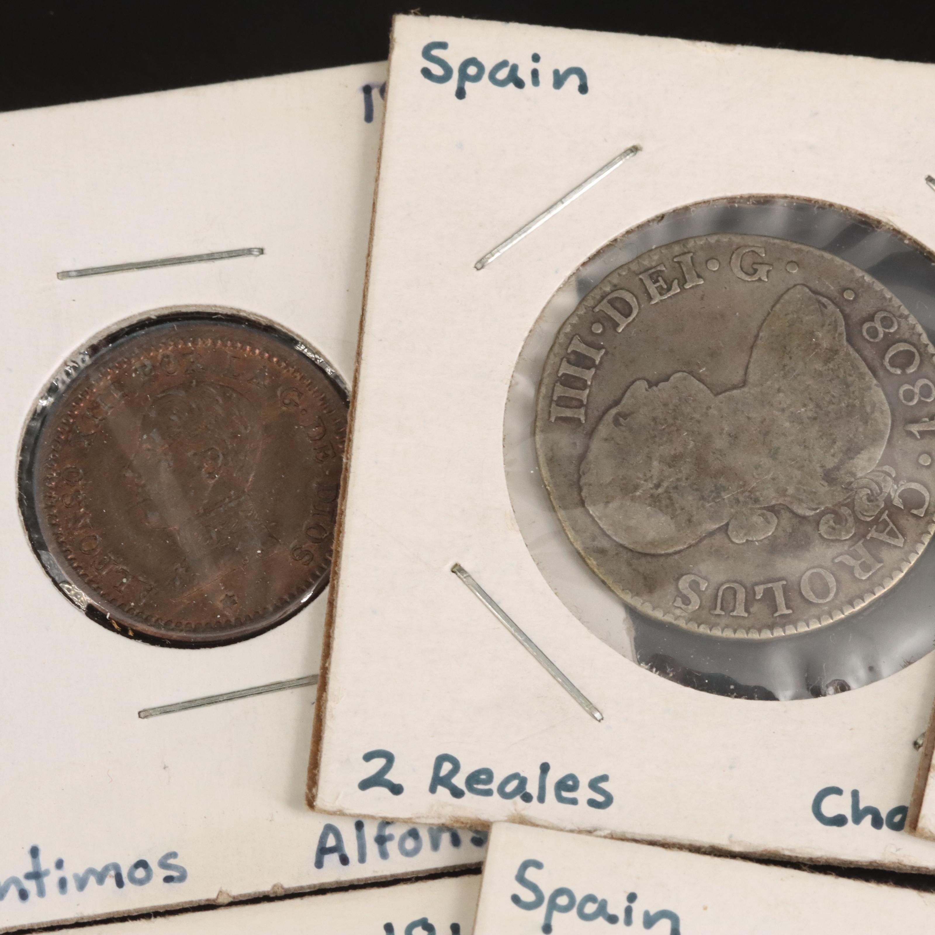 Collection of Six Old Spanish Silver and Copper Coins