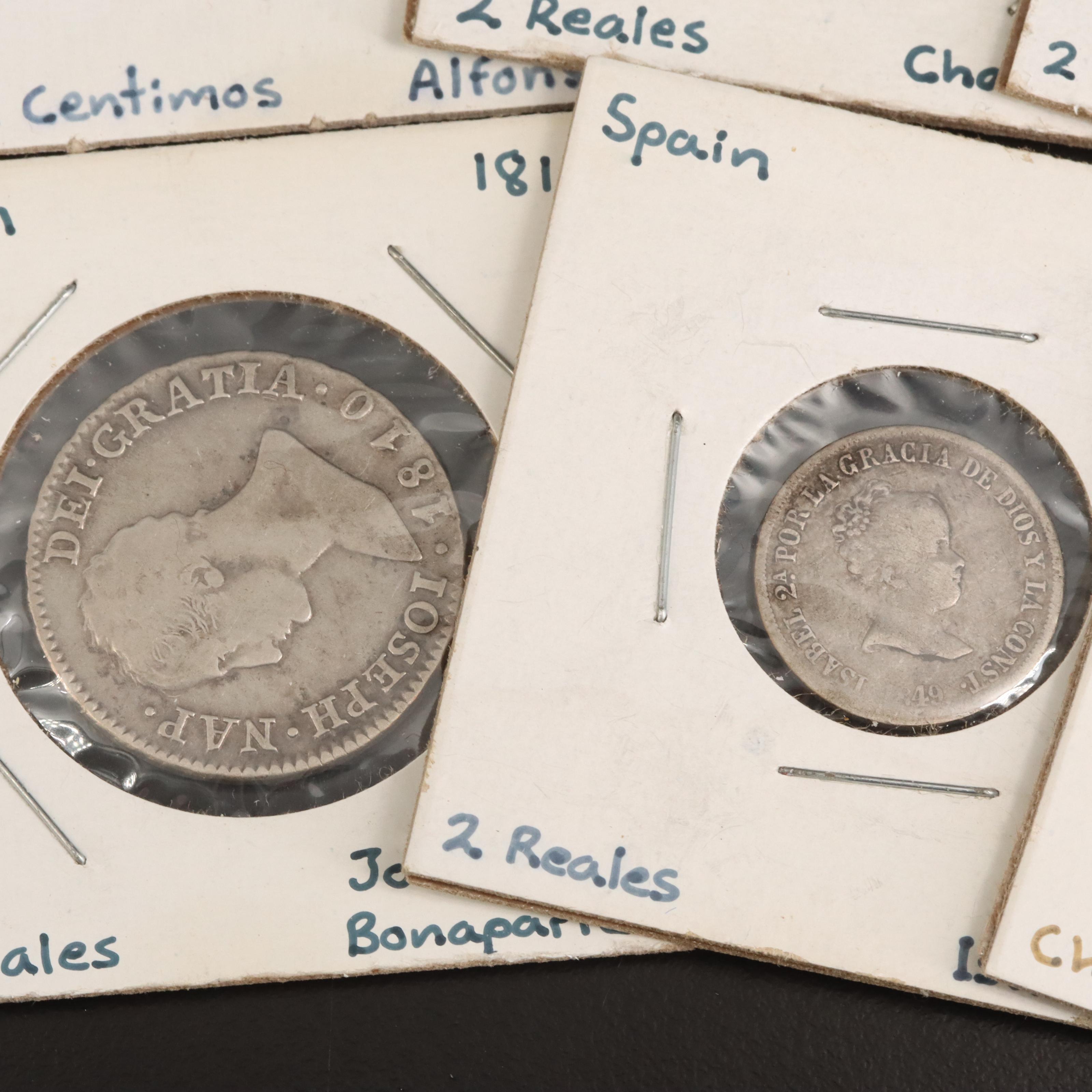 Collection of Six Old Spanish Silver and Copper Coins