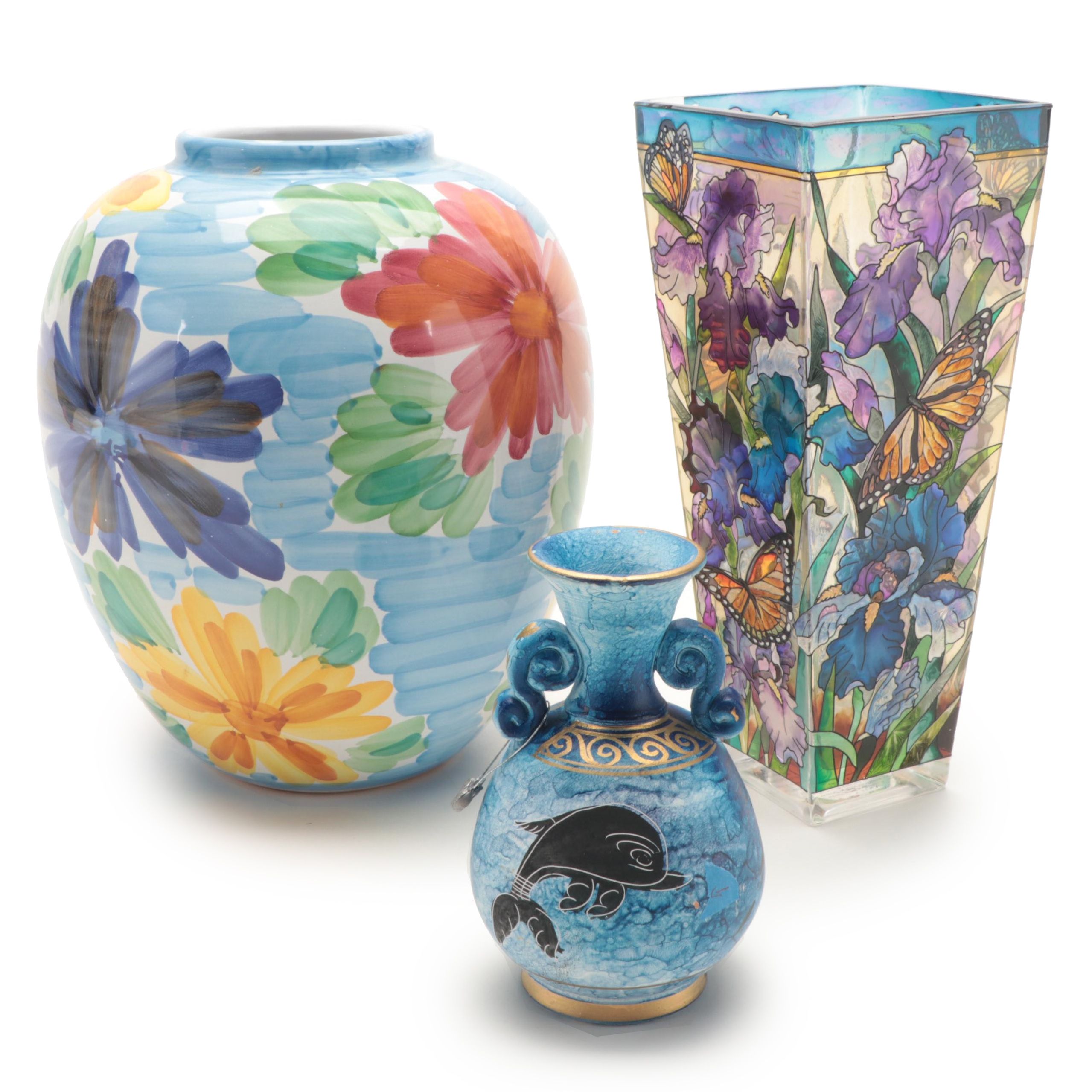 Amia Studios Hand-Painted Stained Glass Vase with Other Hand-Painted Vases
