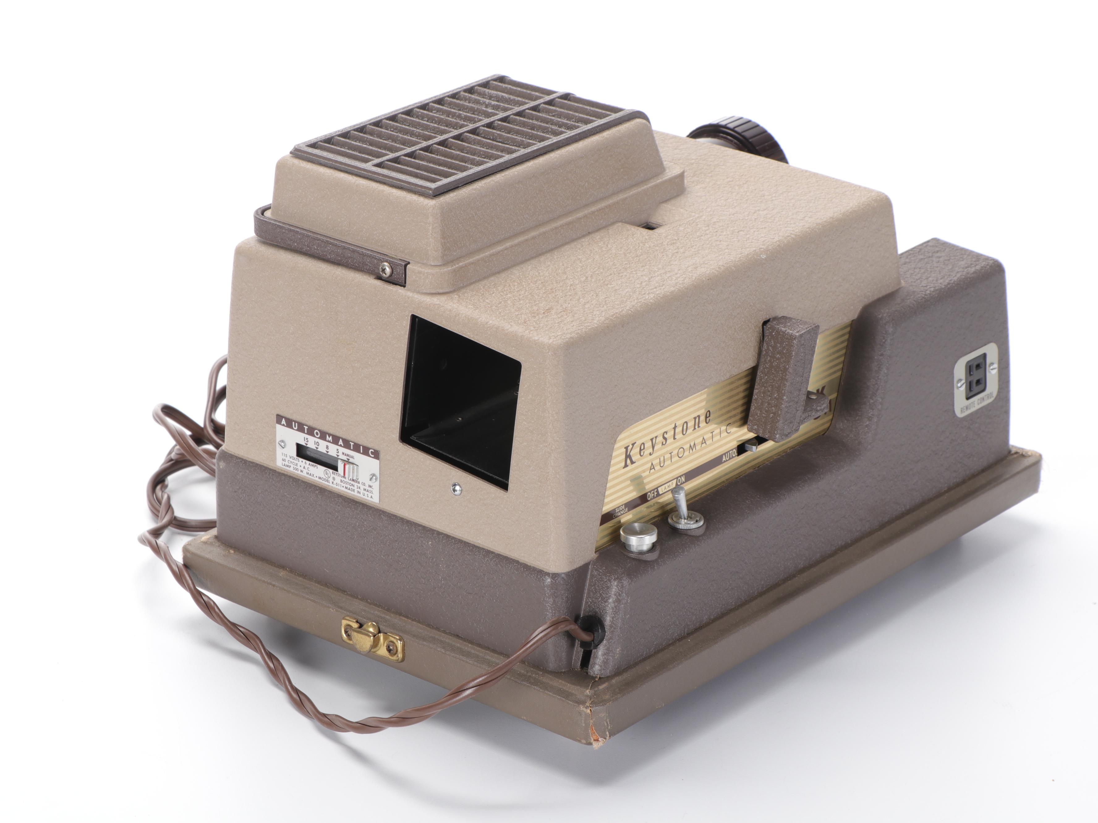 Keystone K-511 Automatic Slide Projector, Da-Lite Projection Screen and Storage