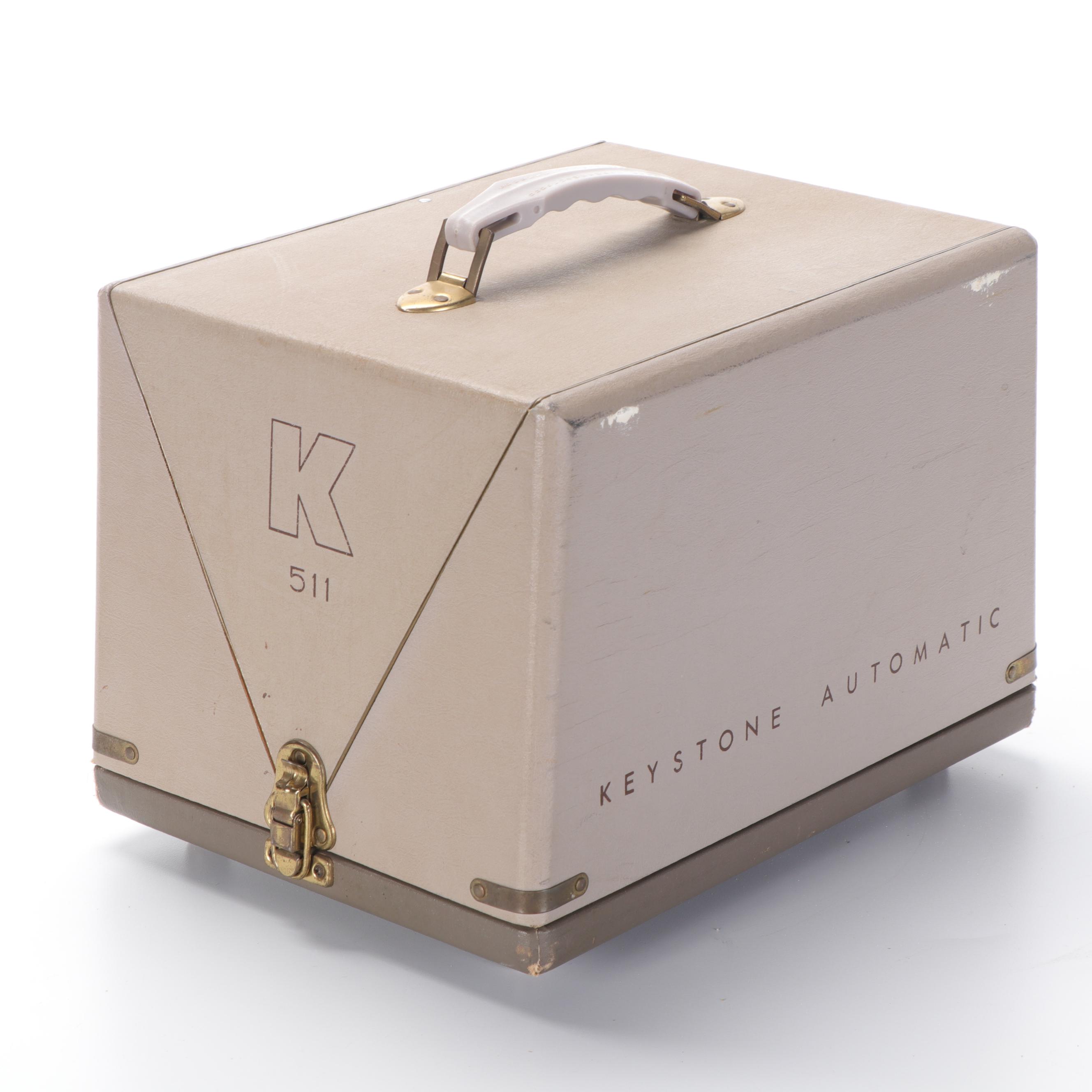 Keystone K-511 Automatic Slide Projector, Da-Lite Projection Screen and Storage