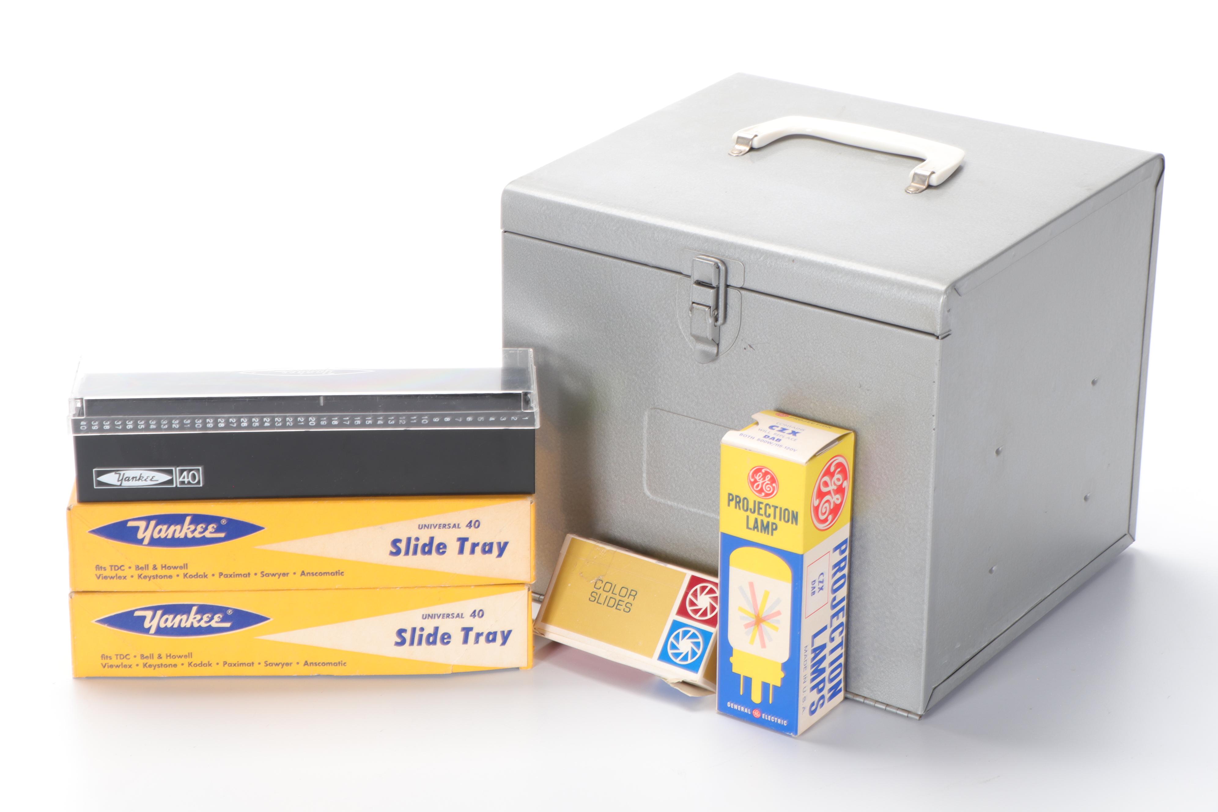 Keystone K-511 Automatic Slide Projector, Da-Lite Projection Screen and Storage