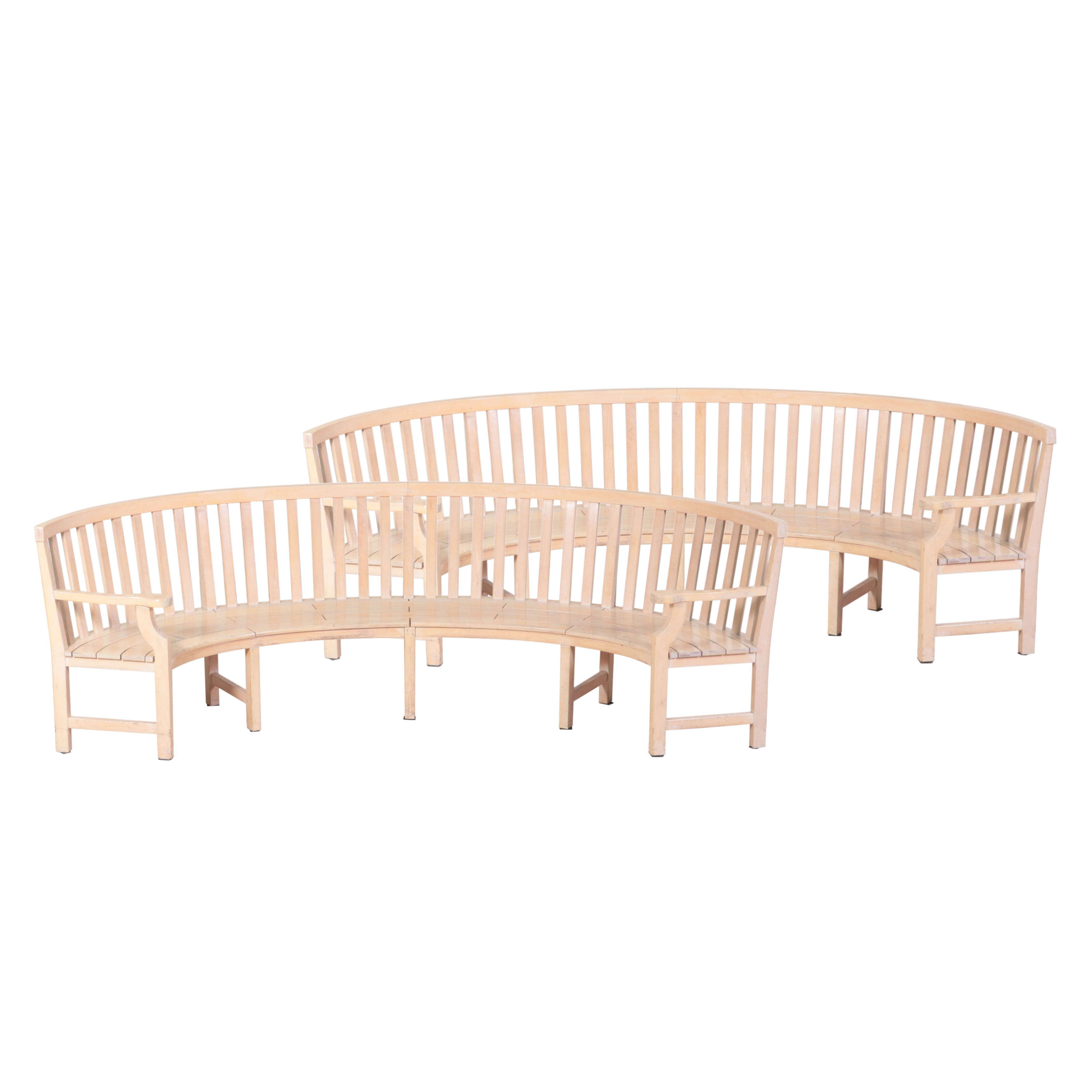 Pair of Large Wooden Slat Back Curved Benches with Armrests