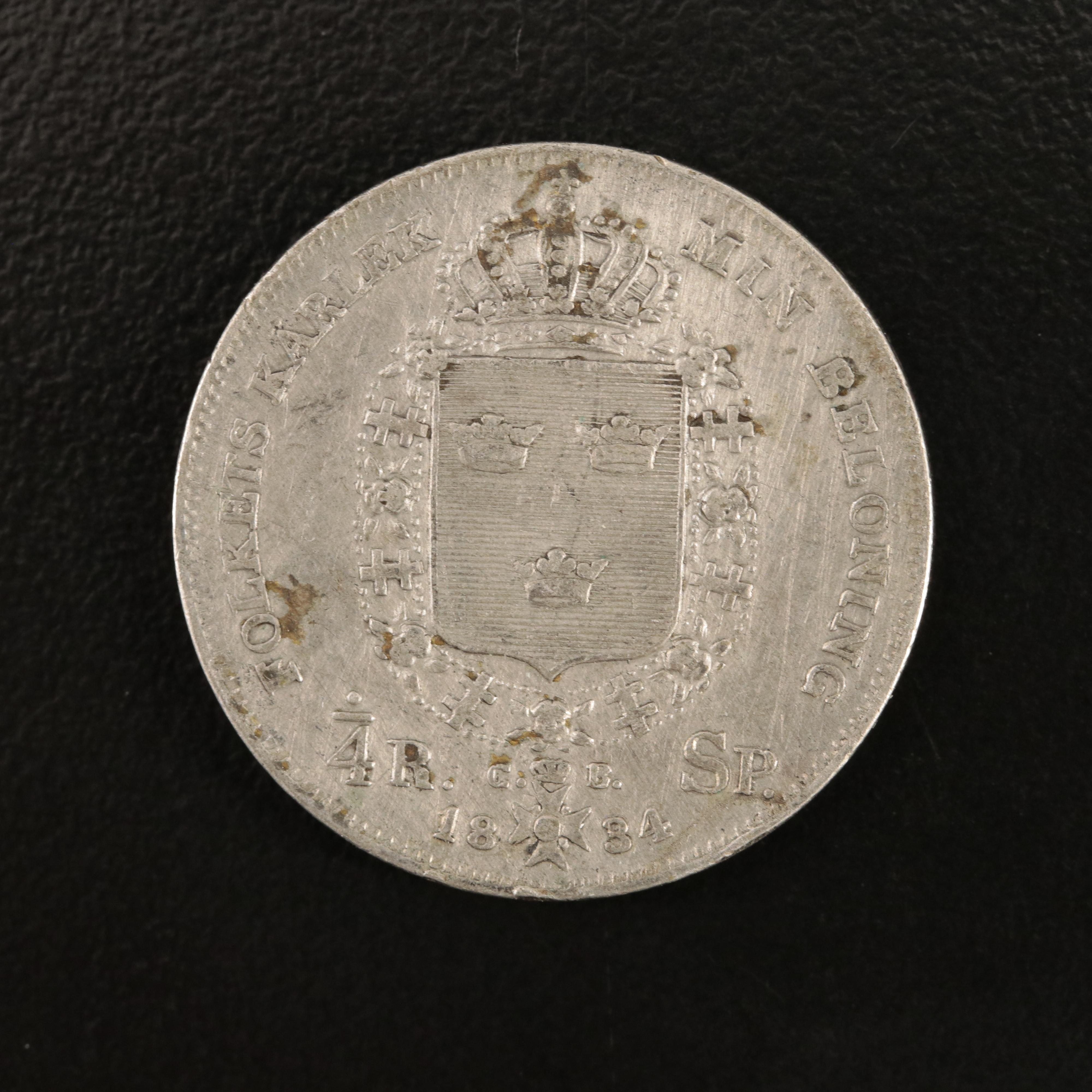 1834 Swedish 1/4 Riksdaler Silver Coin