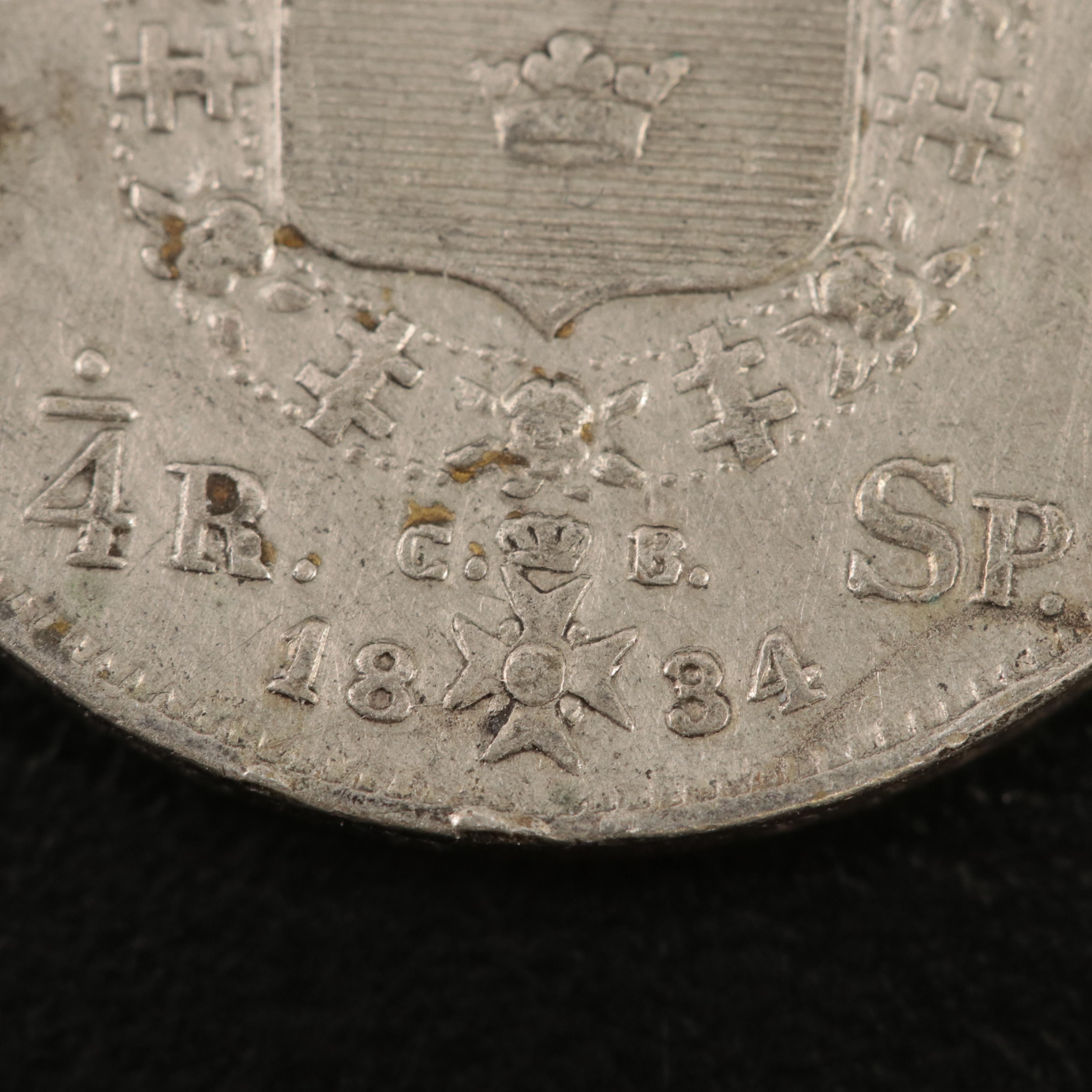 1834 Swedish 1/4 Riksdaler Silver Coin