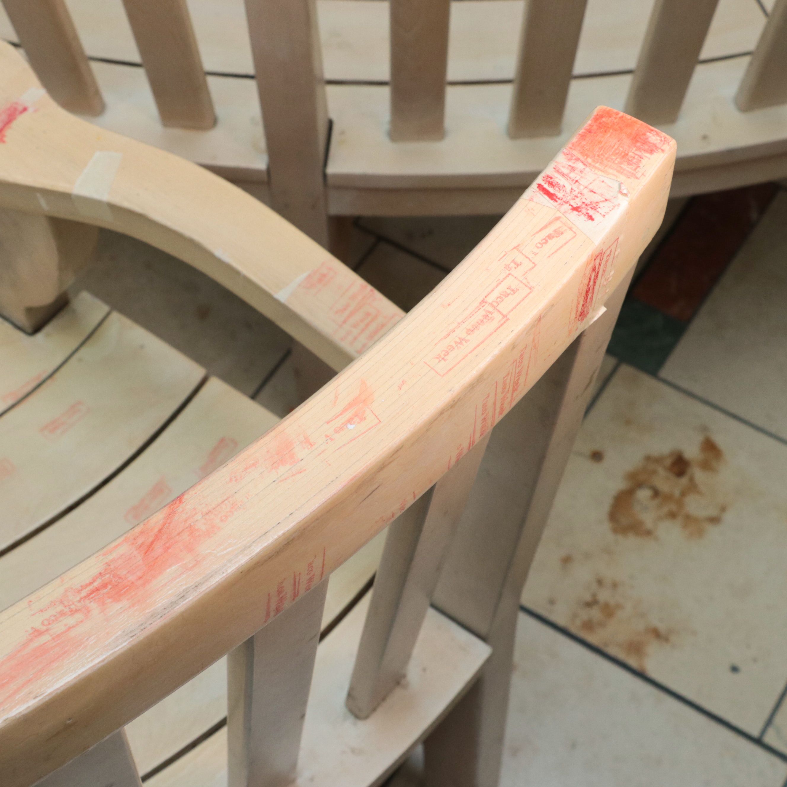 Pair of Large Wooden Slat Back Curved Benches with Armrests