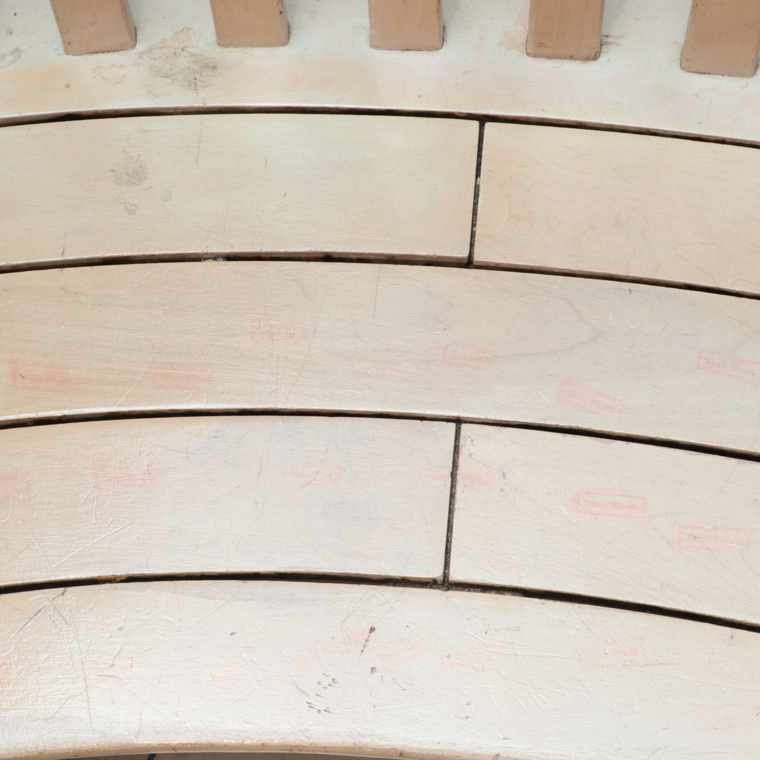 Pair of Large Wooden Slat Back Curved Benches with Armrests