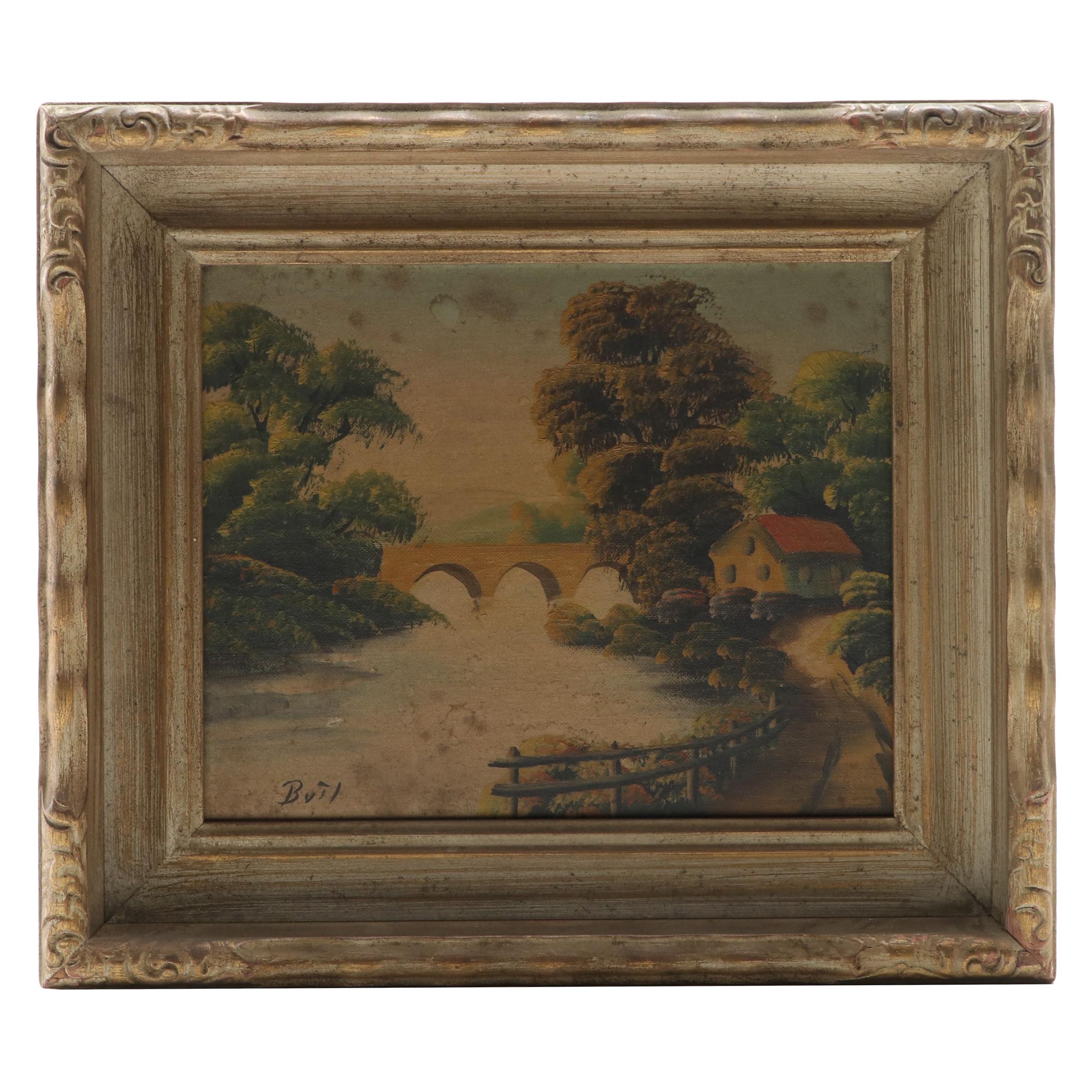 Landscape Oil Painting of Lake, Early 20th Century