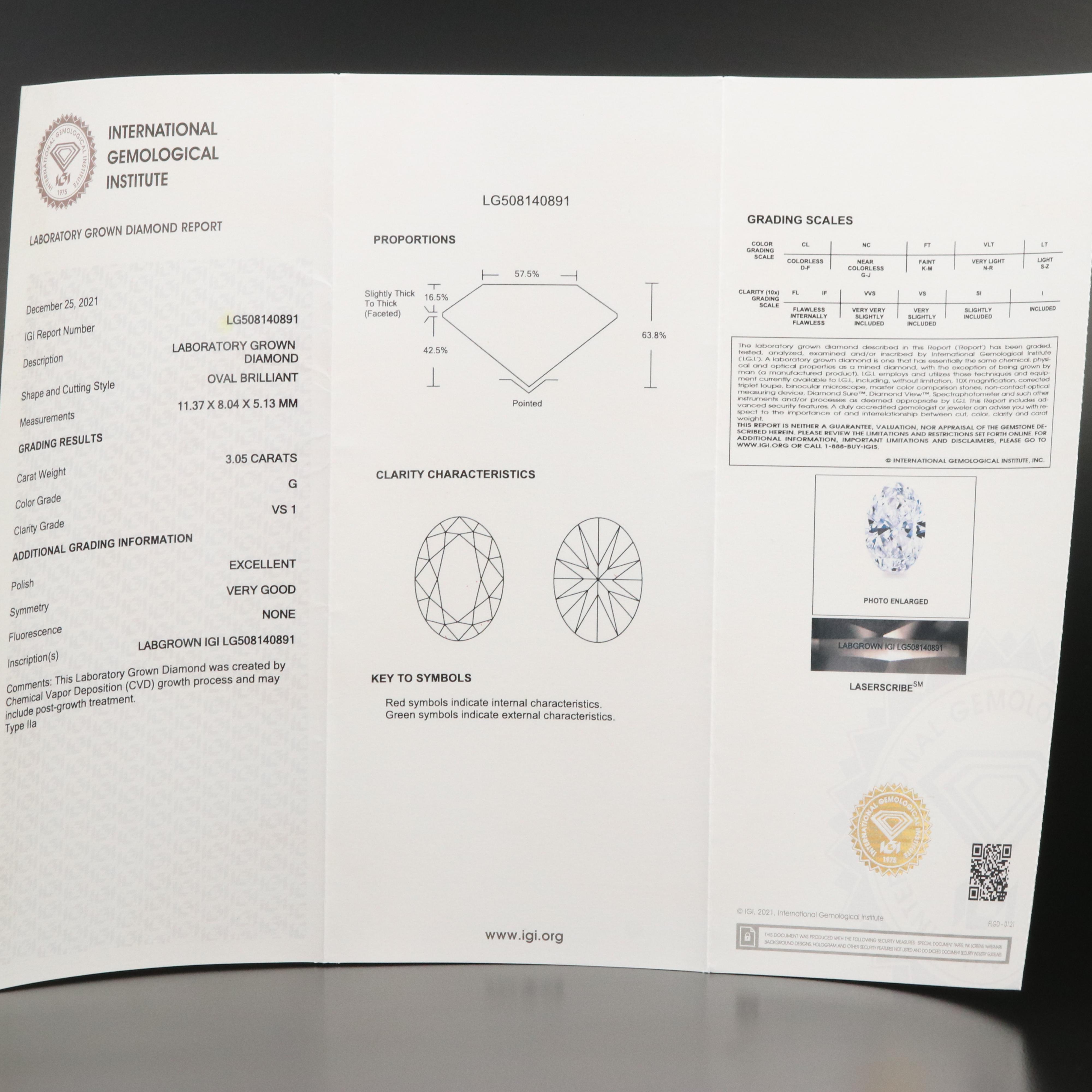 Loose 3.05 CT Lab Grown Diamond with IGI Report