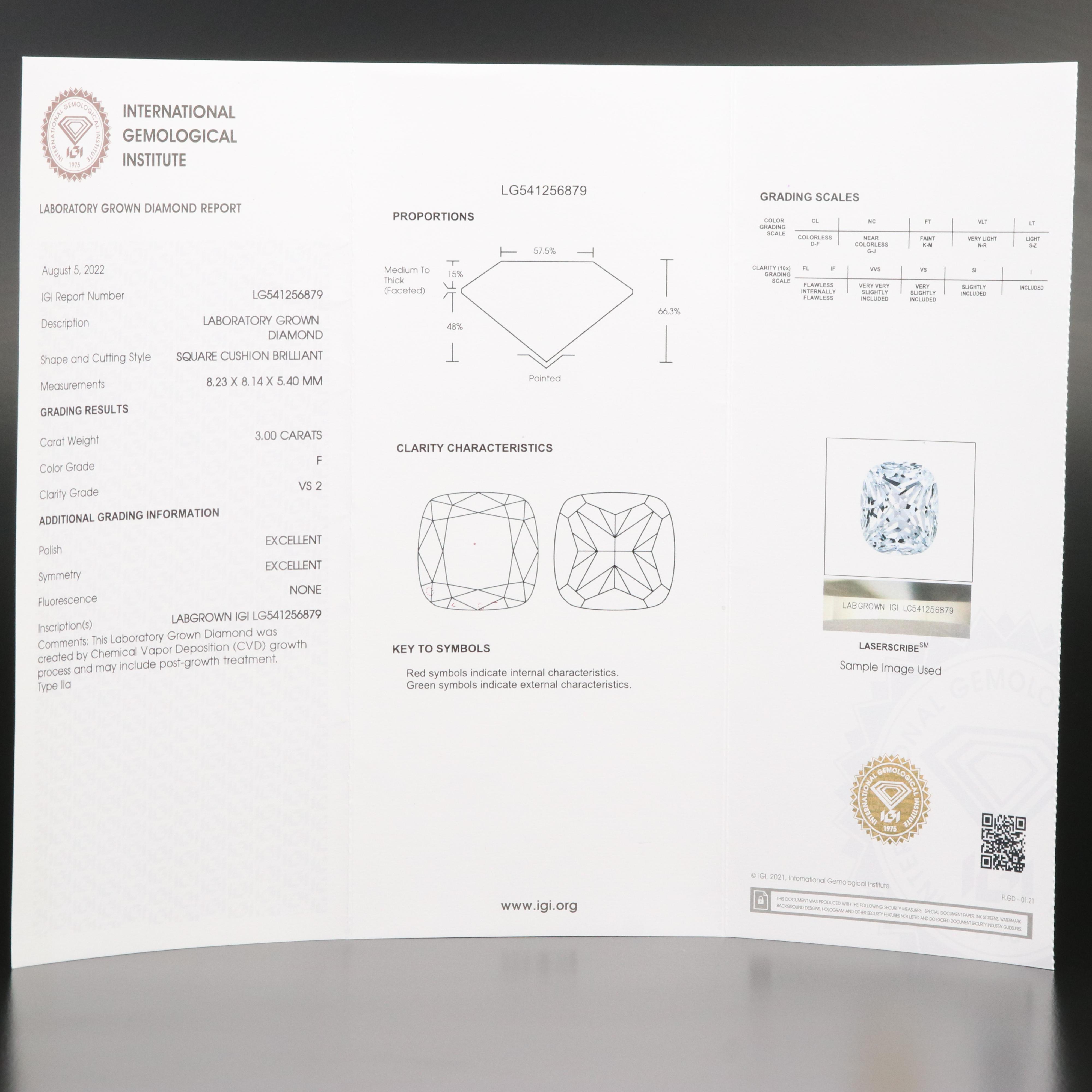 Loose 3.00 CT Lab Grown Diamond with IGI Report