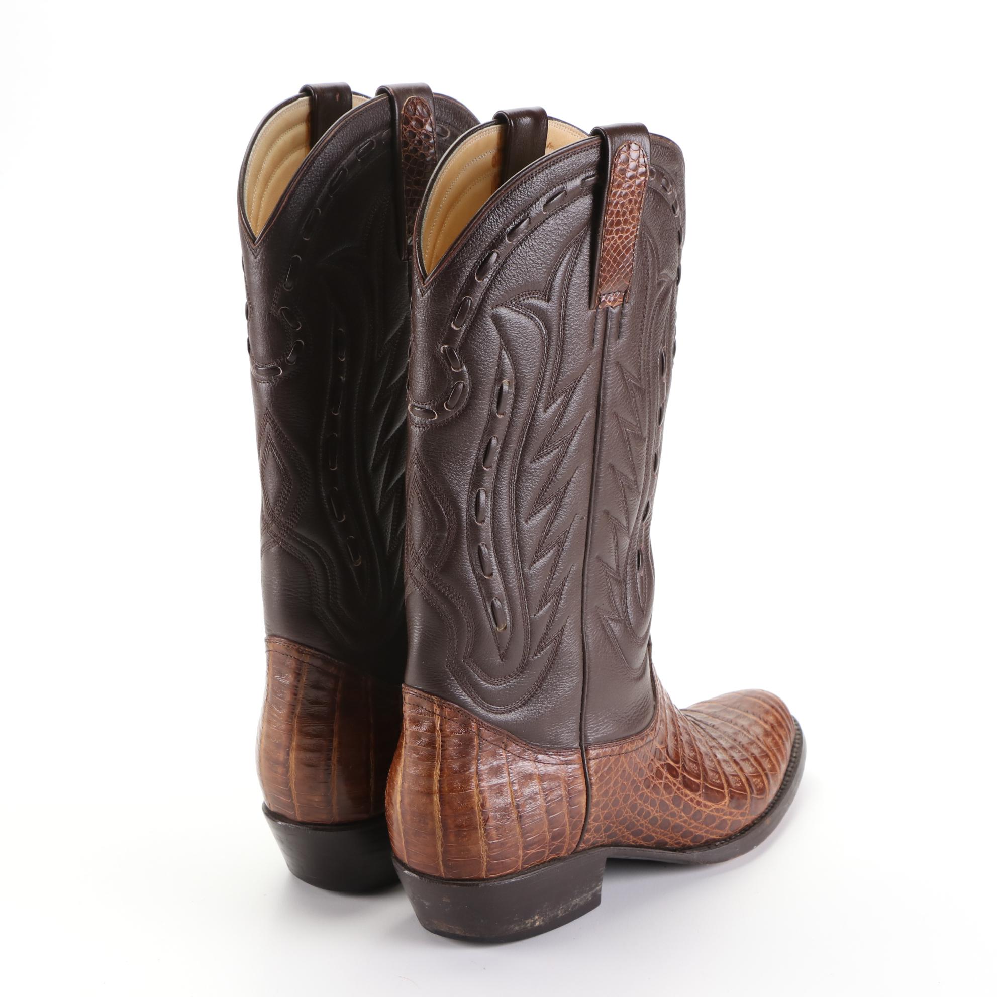 Cowboy Boots in Caiman Crocodile Skin and Brown Leather
